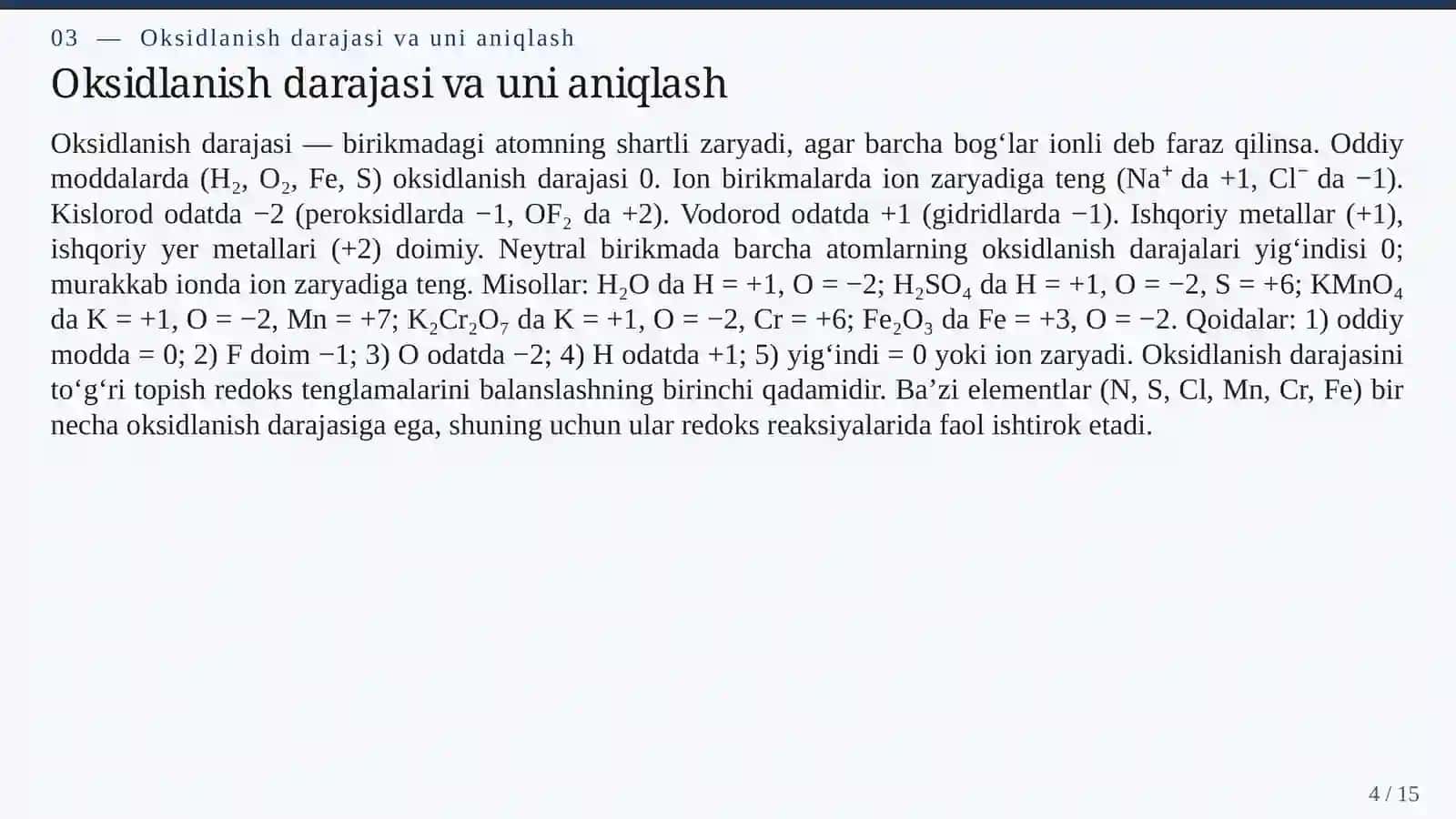 OKSIDLANISH-QAYTARILISH REAKSIYALARI: ELEKTRON ALMASHINUVI VA AMALIY AHAMIYATI 4