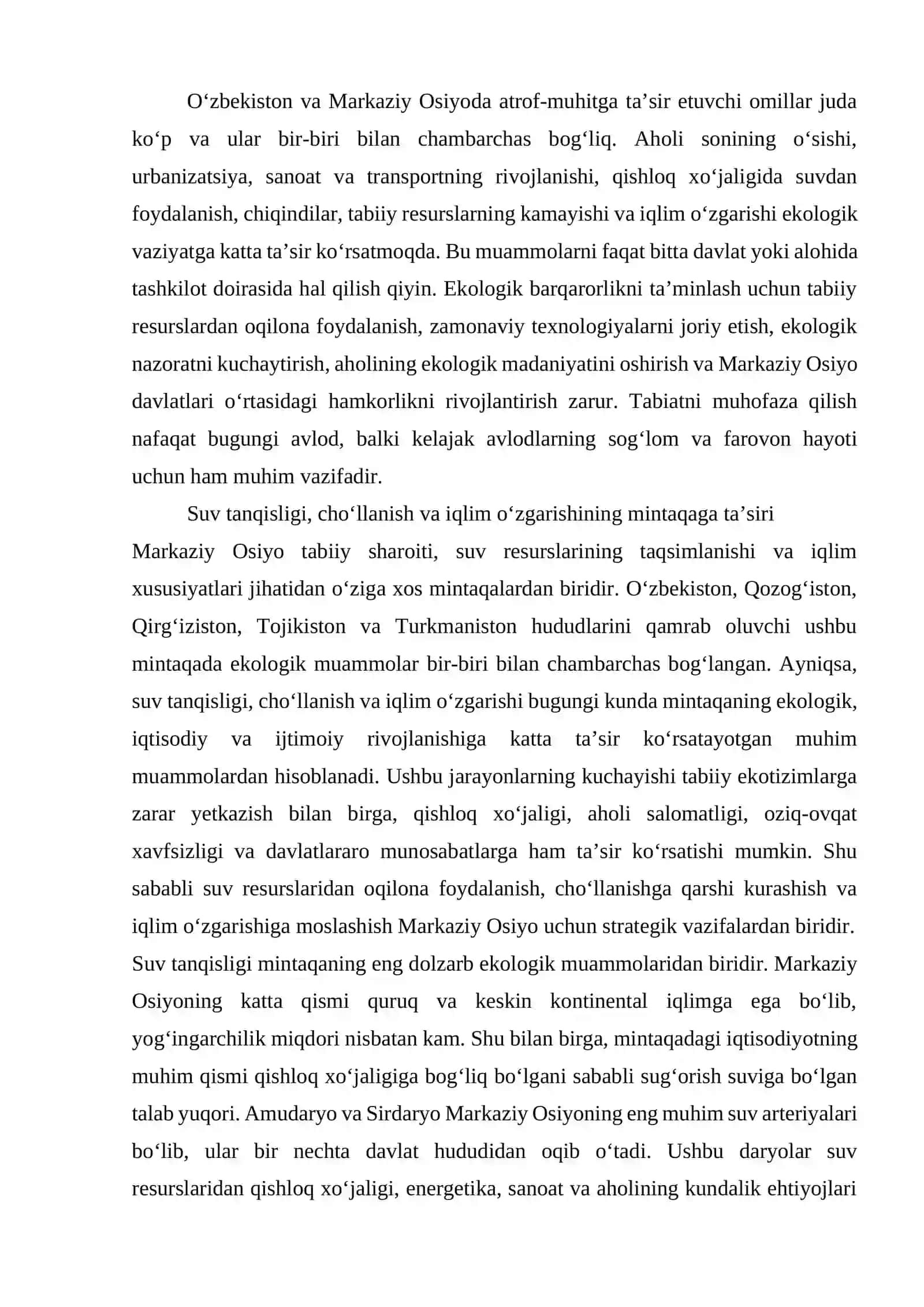 O’zbekistonning atrof-muhit muammolari va markaziy osiyo mintaqasidagi ekologik vaziyat 4