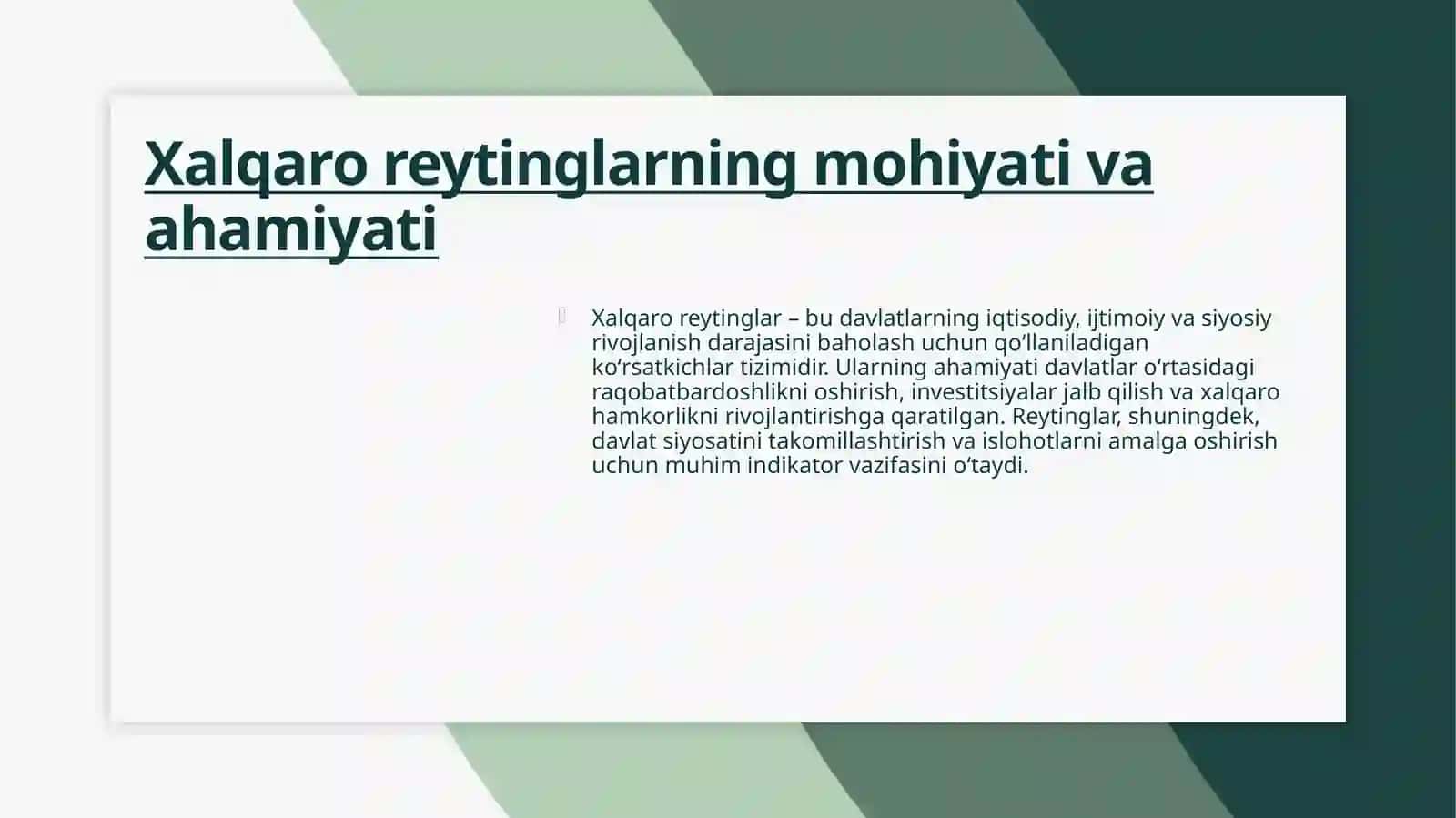 Iqtisodiy va ijtimoiy sohadagi ustuvor xalqaro reytinglar va ularga Oʻzbekistonning integratsiyalashuvi 4