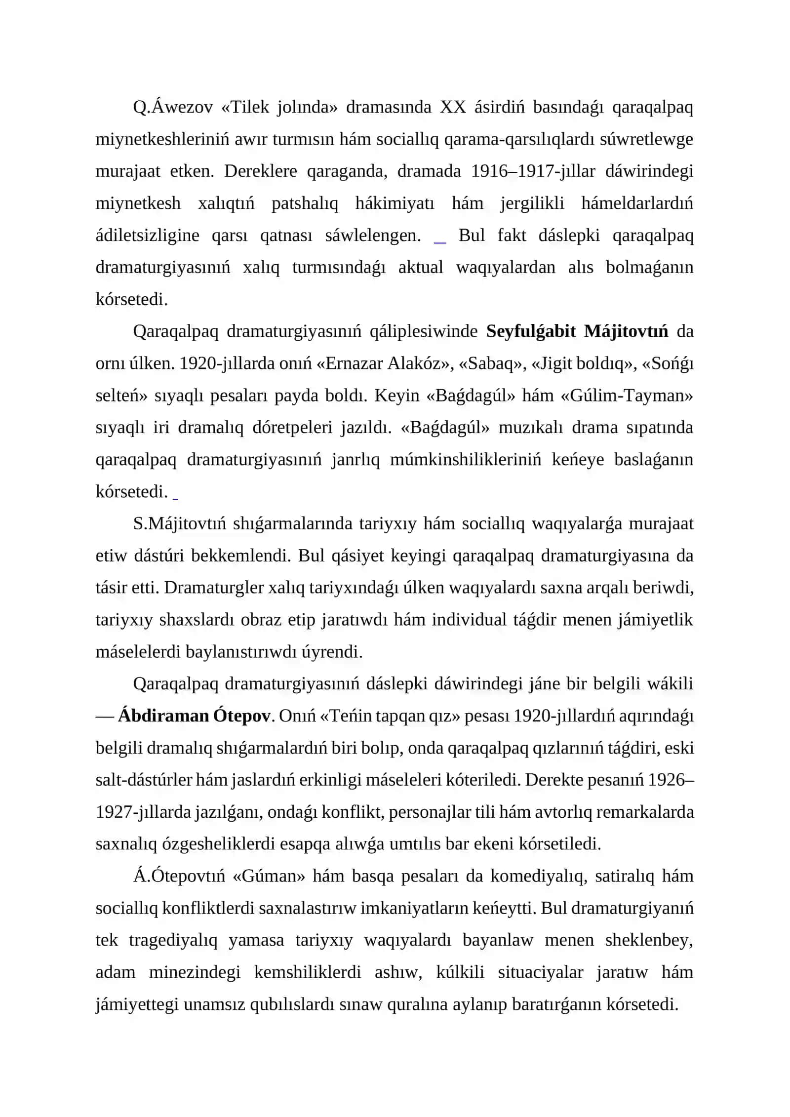 QARAQALPAQ ÁDEBIYATÍNDA DRAMATURGIYANÍŃ QÁLIPLESIWI 4