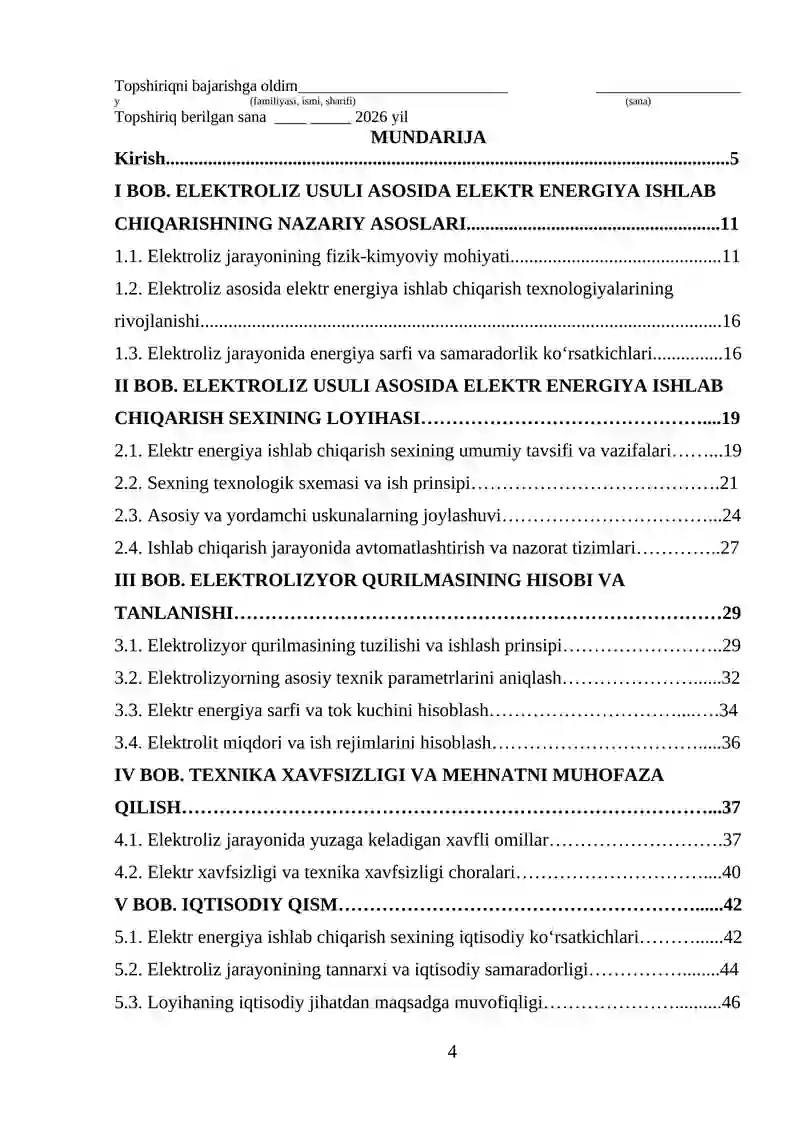Eloktroliz usuli asosida elektr energiya ishlab chiqarish sexining loyihasi va elektrolizyor qurulmasi hisobi 4