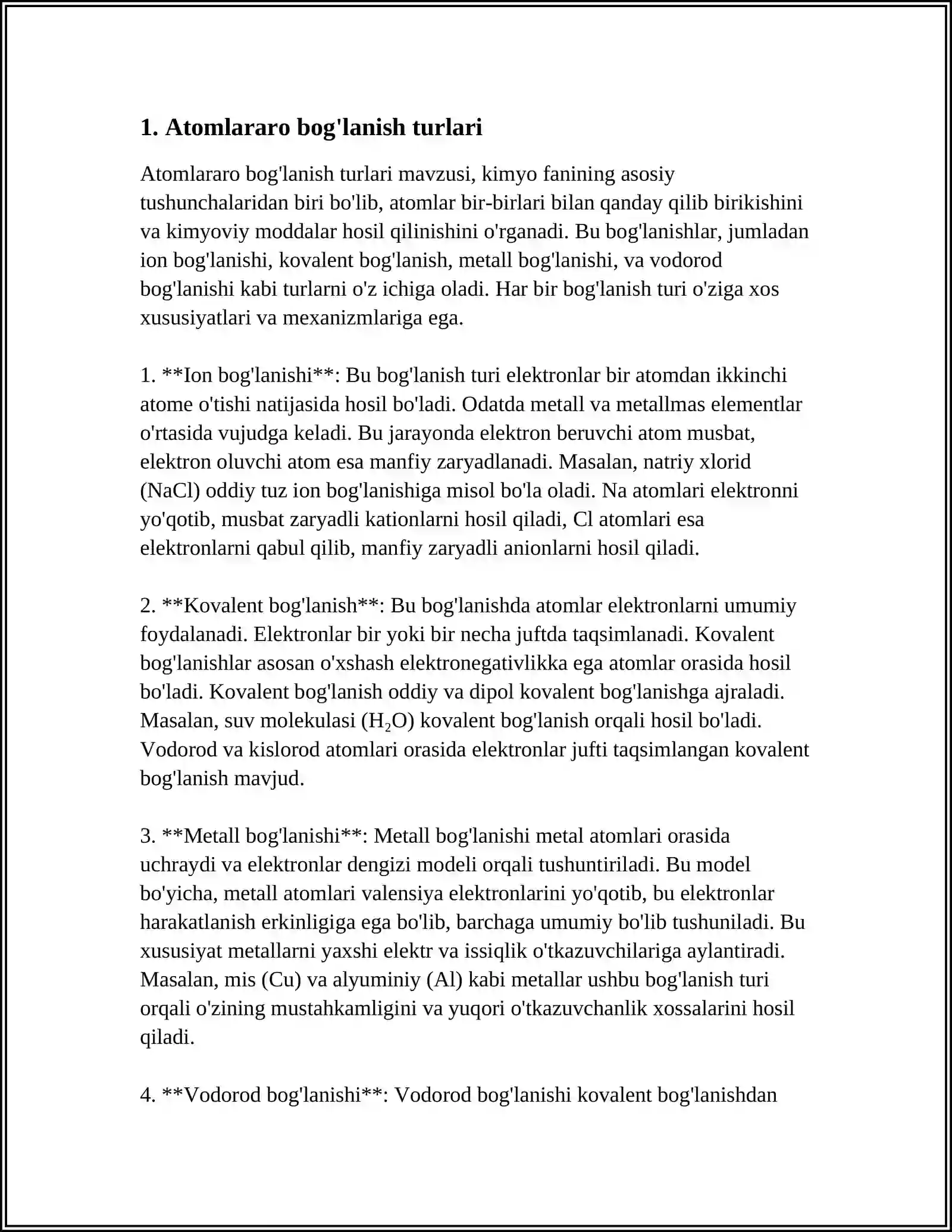 ATOMLARARO BOG'LANISH TURLARI, METALL, VAN-DER-VALG'S VA VODOROD BOG'LANISHLAR HAMDA ATOM ORBITALARINING GIBRIDLANISHI 4