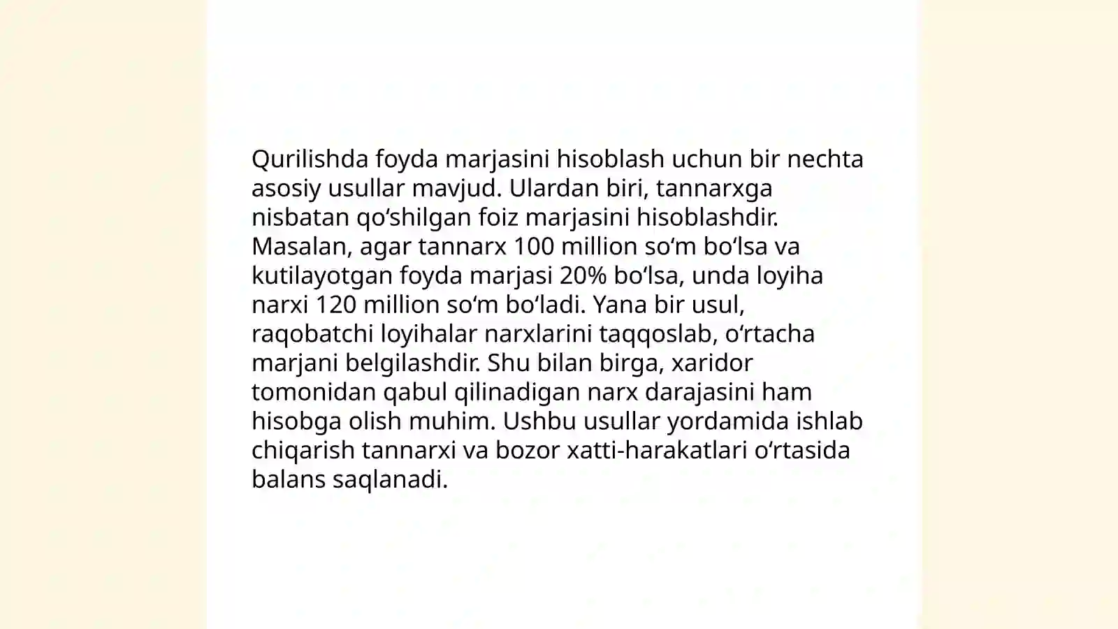 Qurilishda foyda, rentabellik va tannarx 4