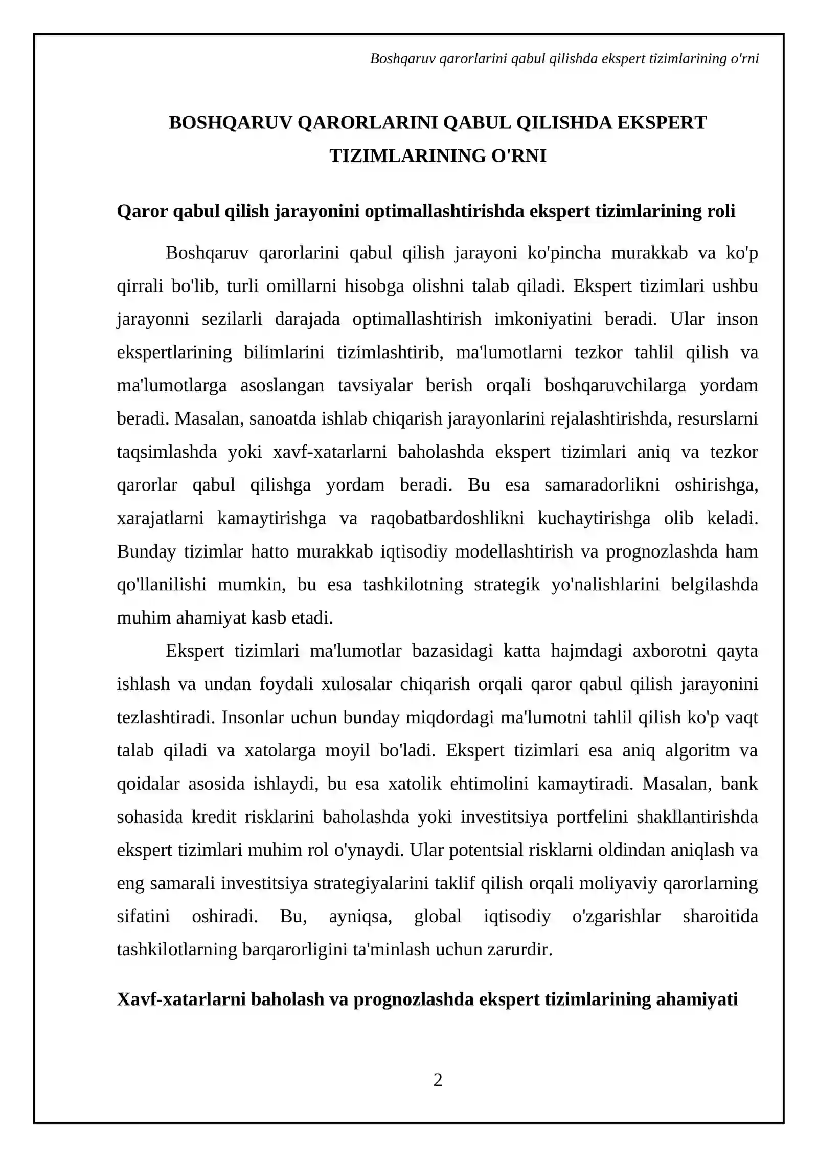 Ekspert tizimlarini boshqaruvidagi urni va ularni iqtisodiyot tarmoqlarda qo'llanilishi 4