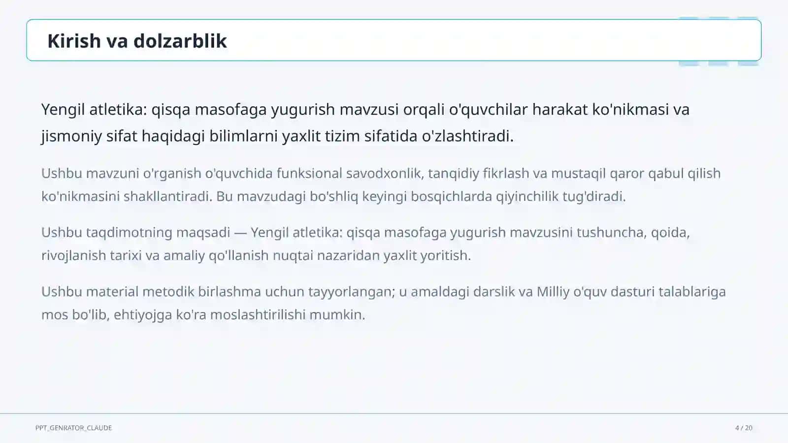 Yengil atletika: qisqa masofaga yugurish (4-sinf) 4