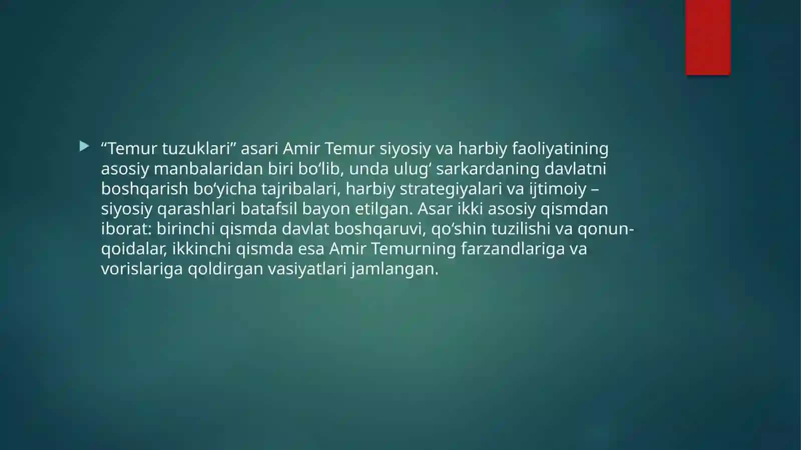 TEMUR TUZUKLARI ASARIDA DAVLATCHILIKNI BOSHQARISH TAMOYILLARI HAQIQAT VA ADOLATNI O‘RNATISHDA INSONPARVARLIK G‘OYALARI 4