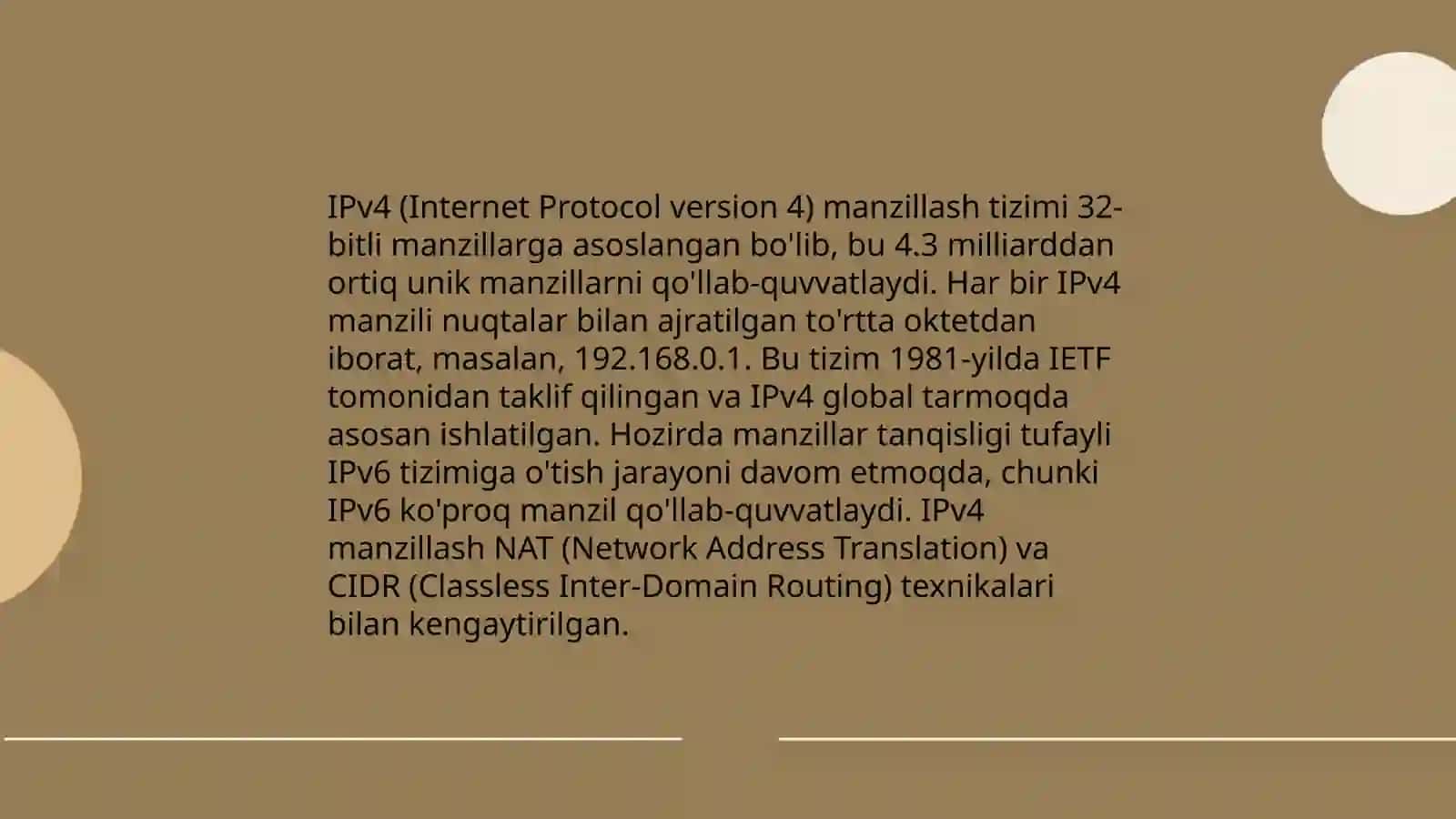 Tarmoq pogʻonasi funksiyalari. IPv4 va IPv6 manzillash tizimlari. Marshrutlash protokollari algoritmlarining tasniflanishi va ularga qoʻyiladigan talablar 4