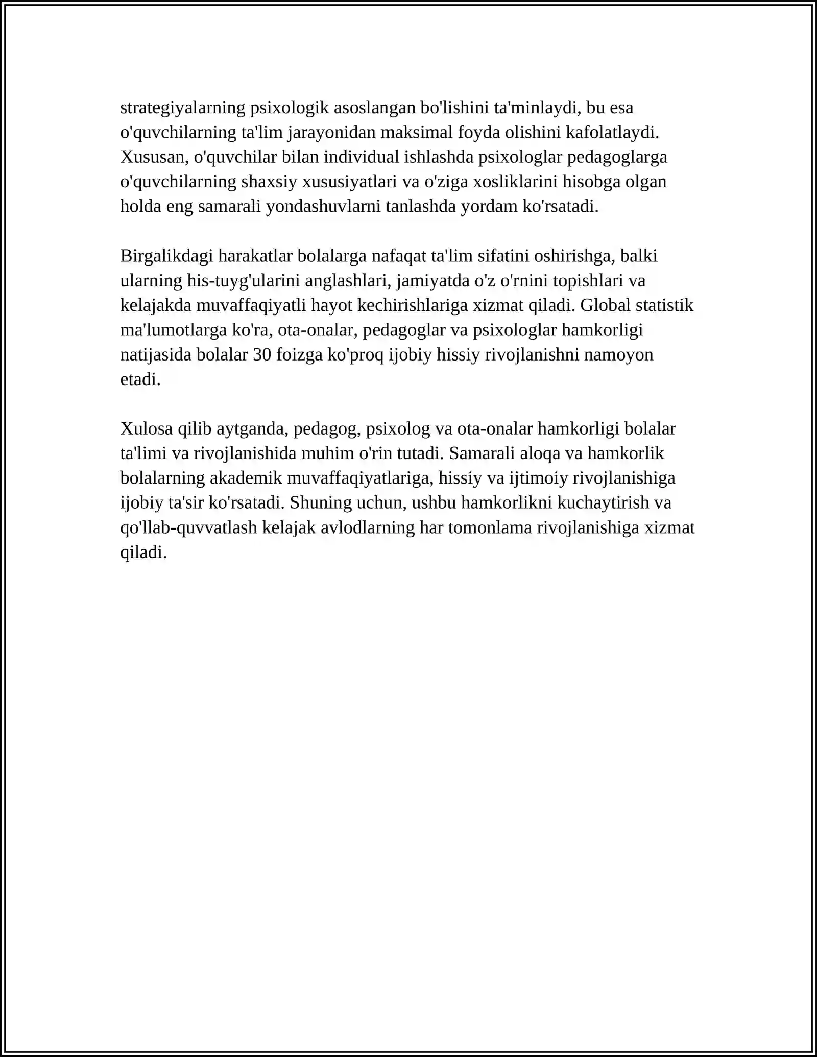 MAKTABGACHA YOSHDAGI BOLALAR TAʼLIM TARBIYASIDA PEDAGOG PSIXOLOG VA OTA ONALAR HAMKORLIGI MAVZUSIDA15 LIST REFERAT 4