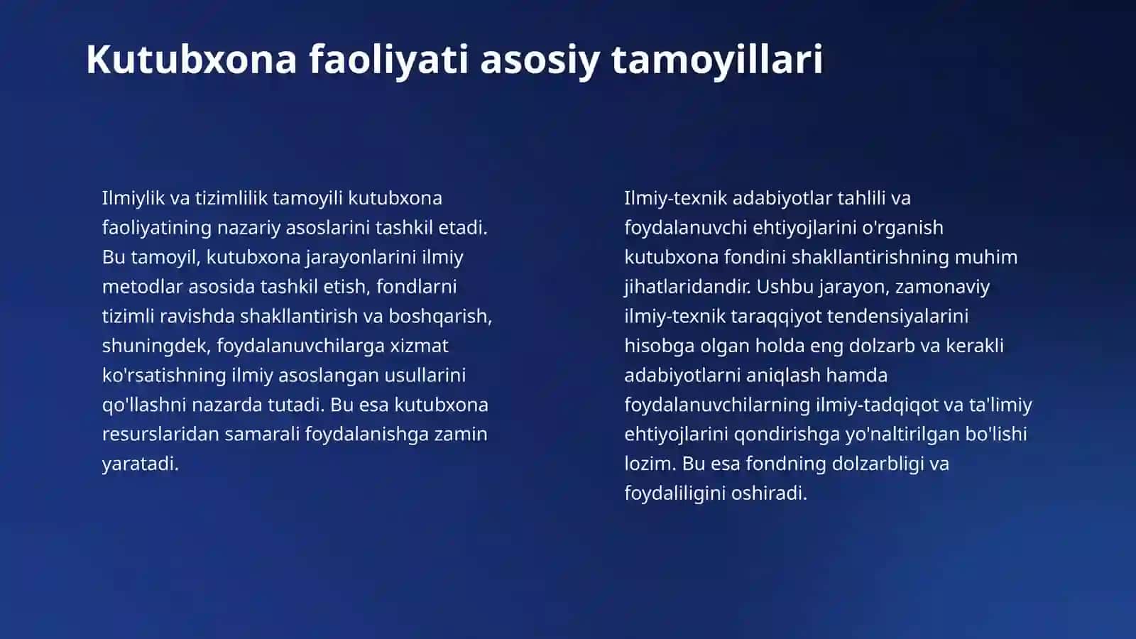 Kutubxona faoliyatini tashkil etish tamoyillarini tahlil qilish 4