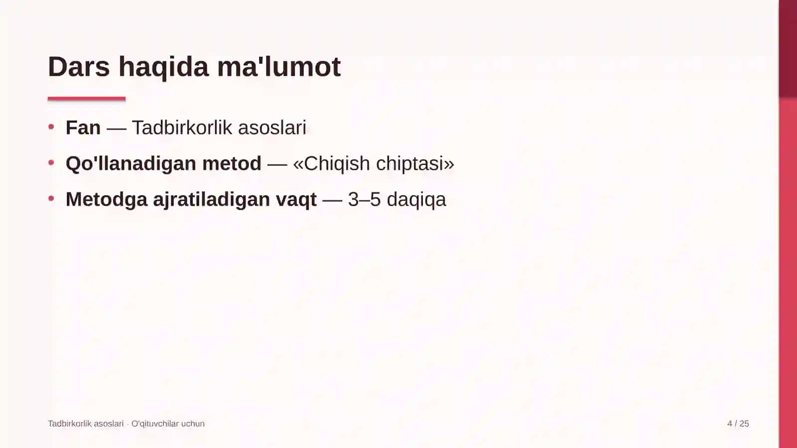 tadbirkorlik asoslari darslarida chiqish chiptasi metodidan foydalanish 3877 4