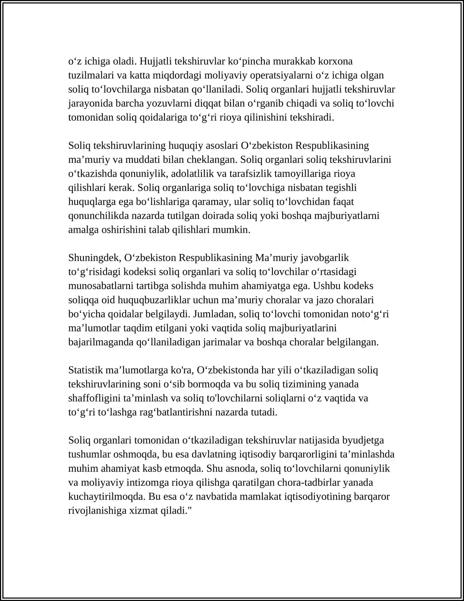 SOLIQ TEKSHIRUVLARINING VA SOLIQ NAZORATI BOSHQA CHORALARINING HUQUQIY OQIBATLARI 4