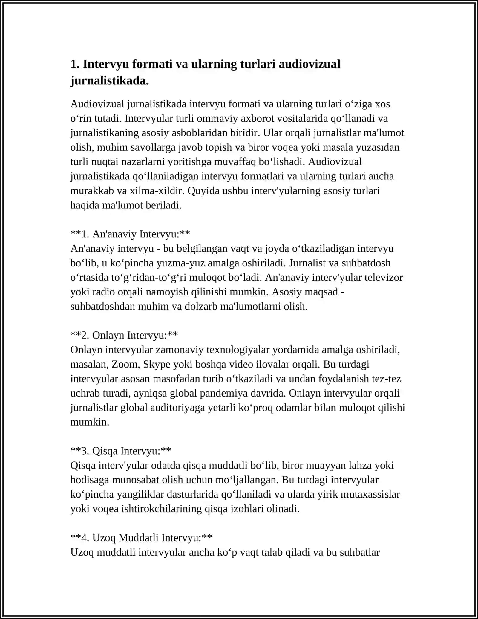 AUDIOVIZUAL JURNALISTIKADA INTERVYU VA SUHBATLARNING OʼRNI 4