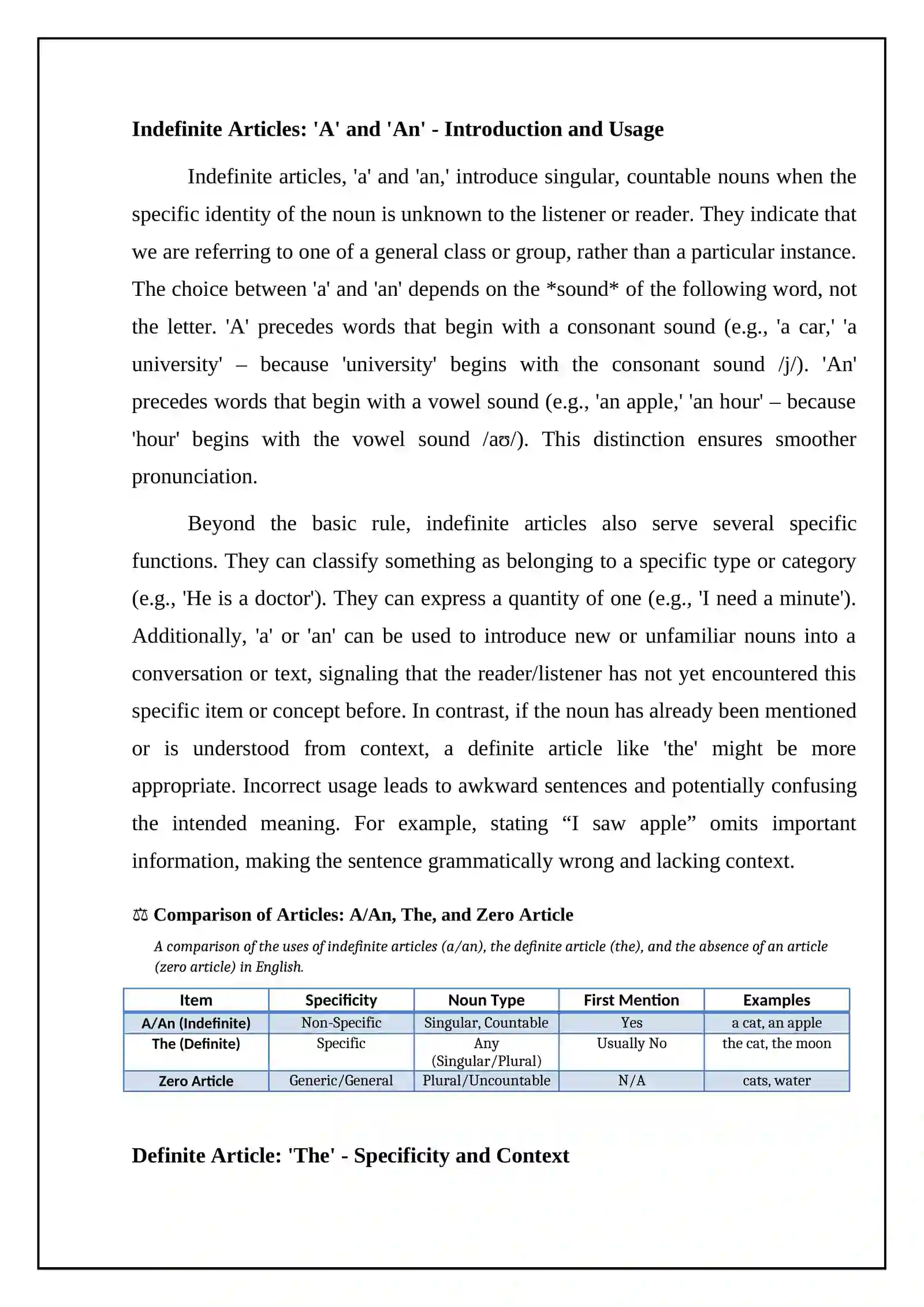 Articles a/an, the and zero Article 4