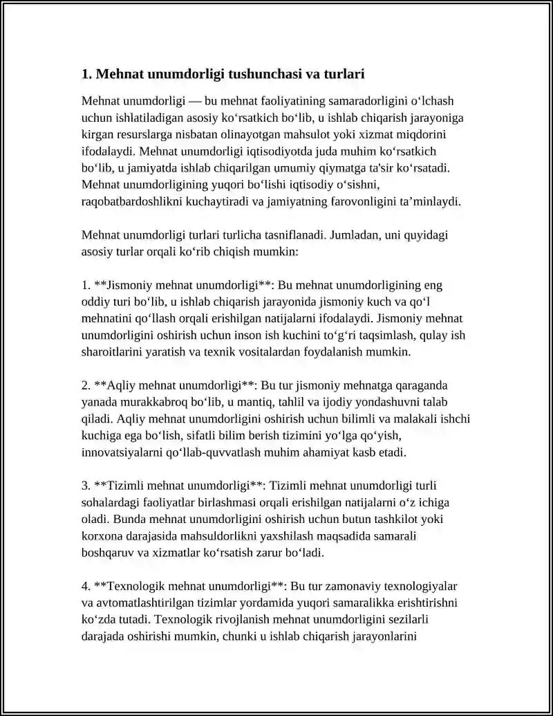 MEHNAT UNUMDORLIGINING TURLARI, OMILLARI VA UNING MEHNAT UNUMDORLIGINING AHAMIYATI 4