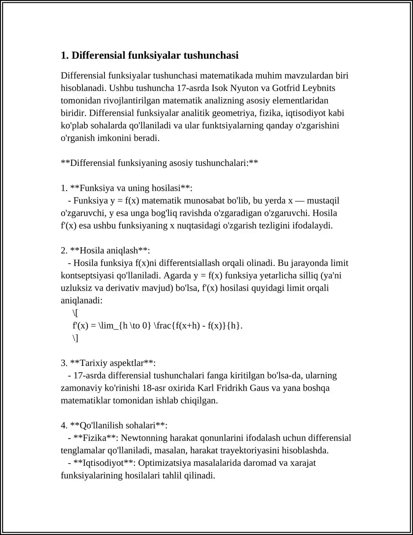 FUNGSIYA DIFFERENSIALI.UNING TAQRIBIY XISOBGA TADBIQI.YUQORI TARTIBLI HOSILALAR.DIFFERENSIALLANUVCHI FUNGSIYALAR HAQIDA ASOSIY TEOREMALAR. (ROL LAGRANJ KOSHI REOREMALARI) 4