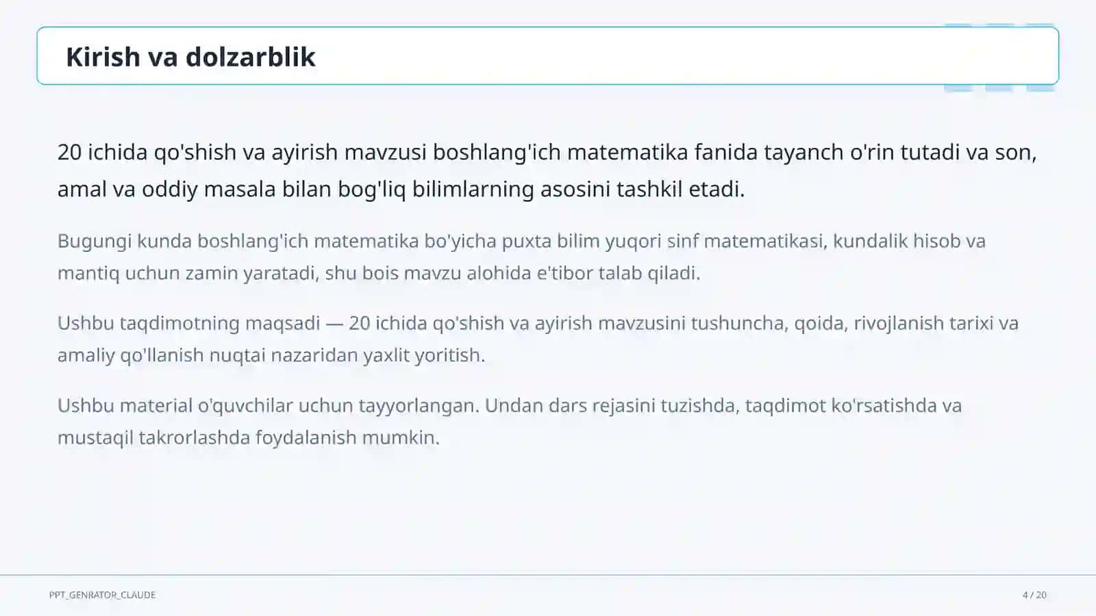 20 ichida qo'shish va ayirish (1-sinf) 4