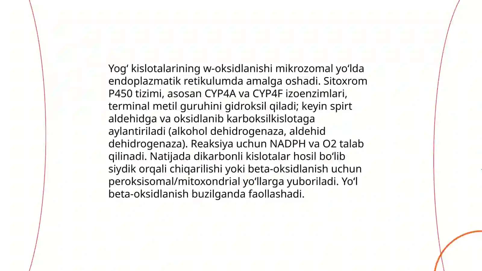 Yogʻ kislotalarining a va w- oksidlanishi, ahamiyati,buzilishlari.Geteropolisaxaridlarning ontogenez va kasalliklarda oʻzgarishi 4