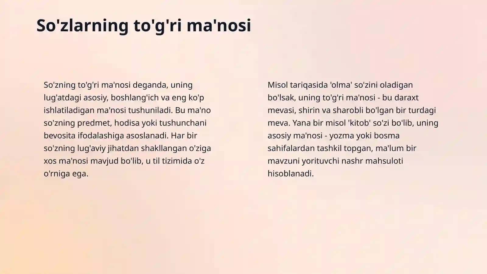 Leksikologiya. So'zlarning to'g'ri va ko'chma ma'nosi (omonim, sinonim, antonim, paronim so'zlar). 4
