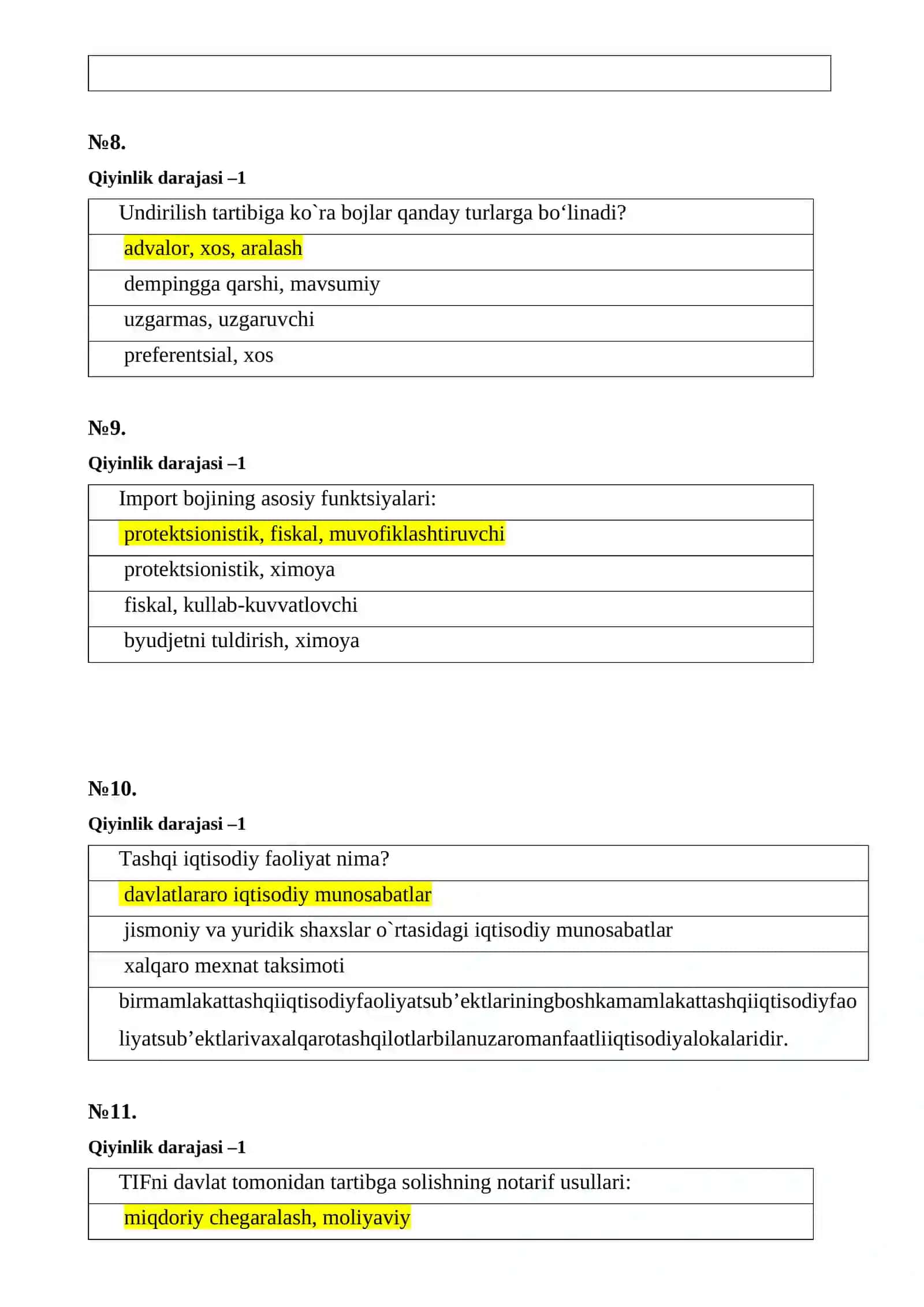 Bojxona qo'mitasiga ishga kirish uchun test savol javoblar toplami 4