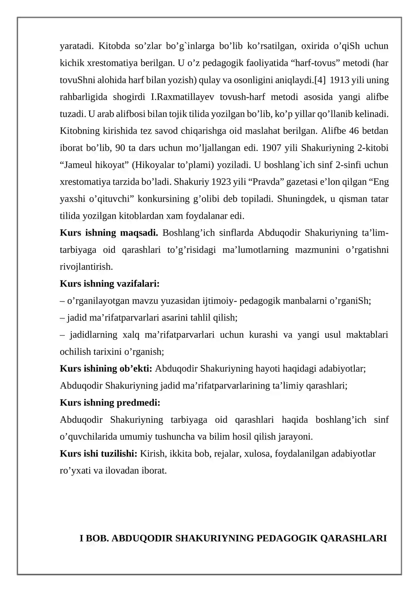 ABDUQODIR SHAKURIYNING TA’LIM TARBIYANI RIVOJLANTIRISHDA TUTGAN O‘RNI KURS ISHI 4