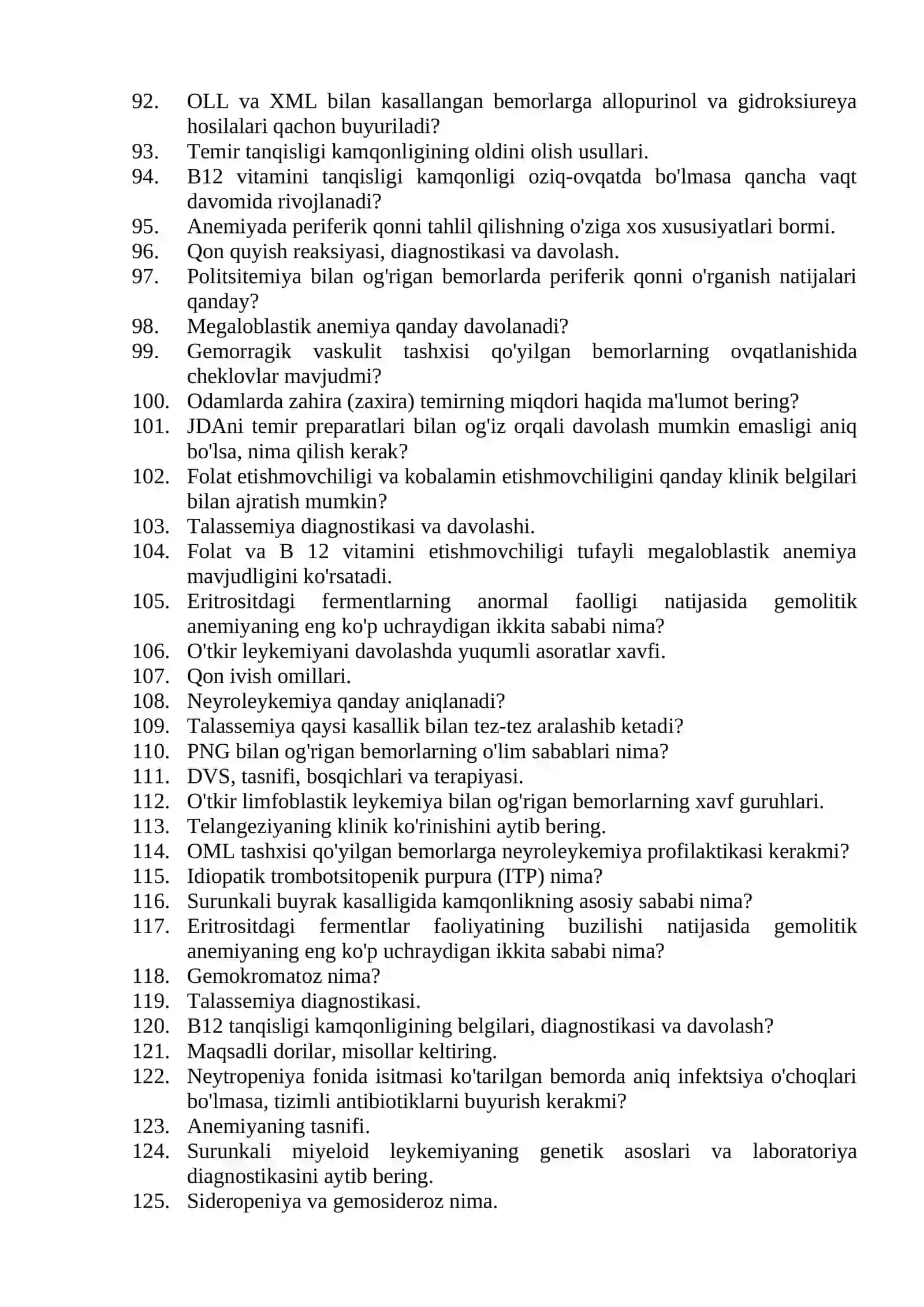 Gematologiya mutaxassisligi bo'yicha shakllantirilgan og'zaki savollar ro'yxati 4