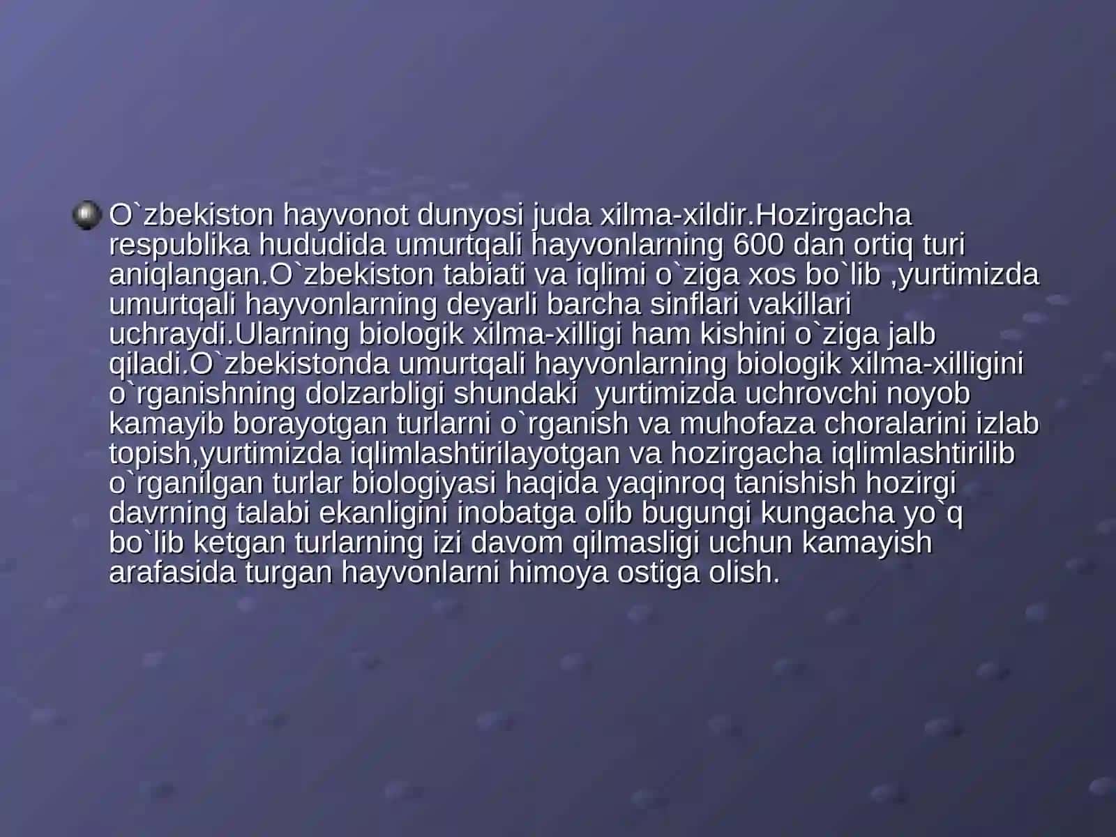 O`ZBEKISTON UMURTQALI HAYVONLARI FAUNASINING BIOLOGIK XILMA-XILLIGI VA O`ZIGA XOSLIGI KURS ISHI 4