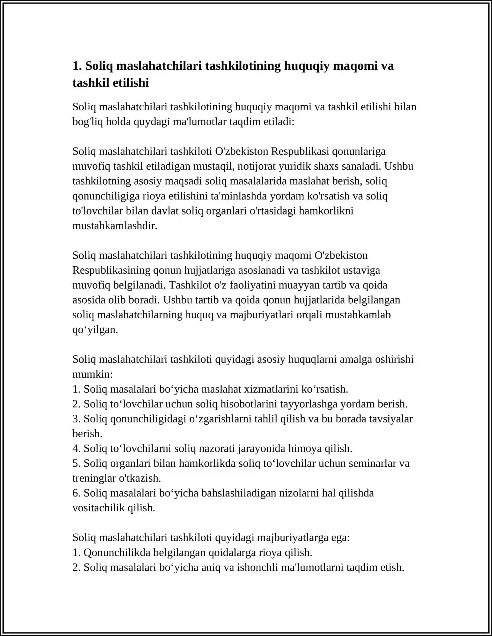 SOLIQ MASLAHATCHILARI TASHKILOTI, TASHKILIY-HUQUQIY SHAKLI, HUQUQ VA MAJBURIYATLARI 4