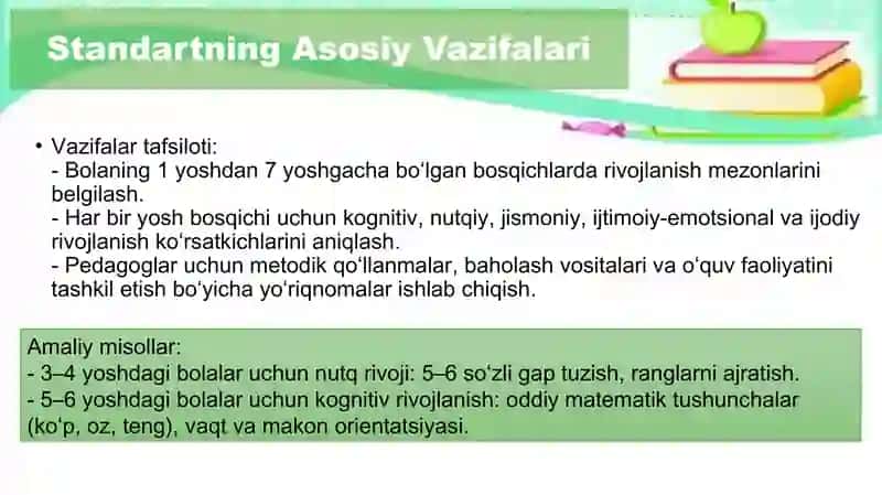 Maktabgacha ta’lim va tarbiya standarti va undagi rivojlantiruvchi muhitni tashkil etishga qo‘yiladi 4