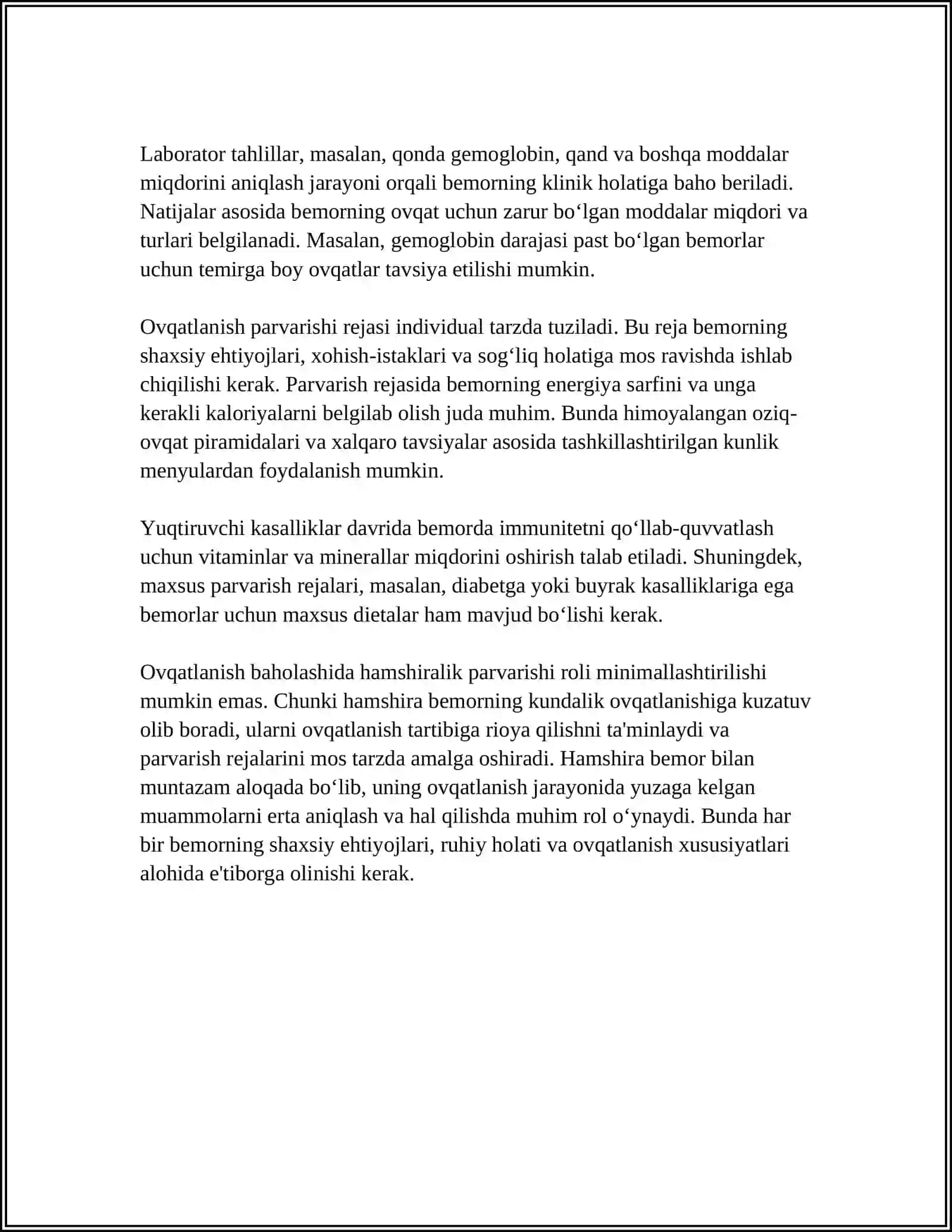 BEMORLARNI OVQATLANTIRISHDA HAMSHIRALIK PARVARISHI 4