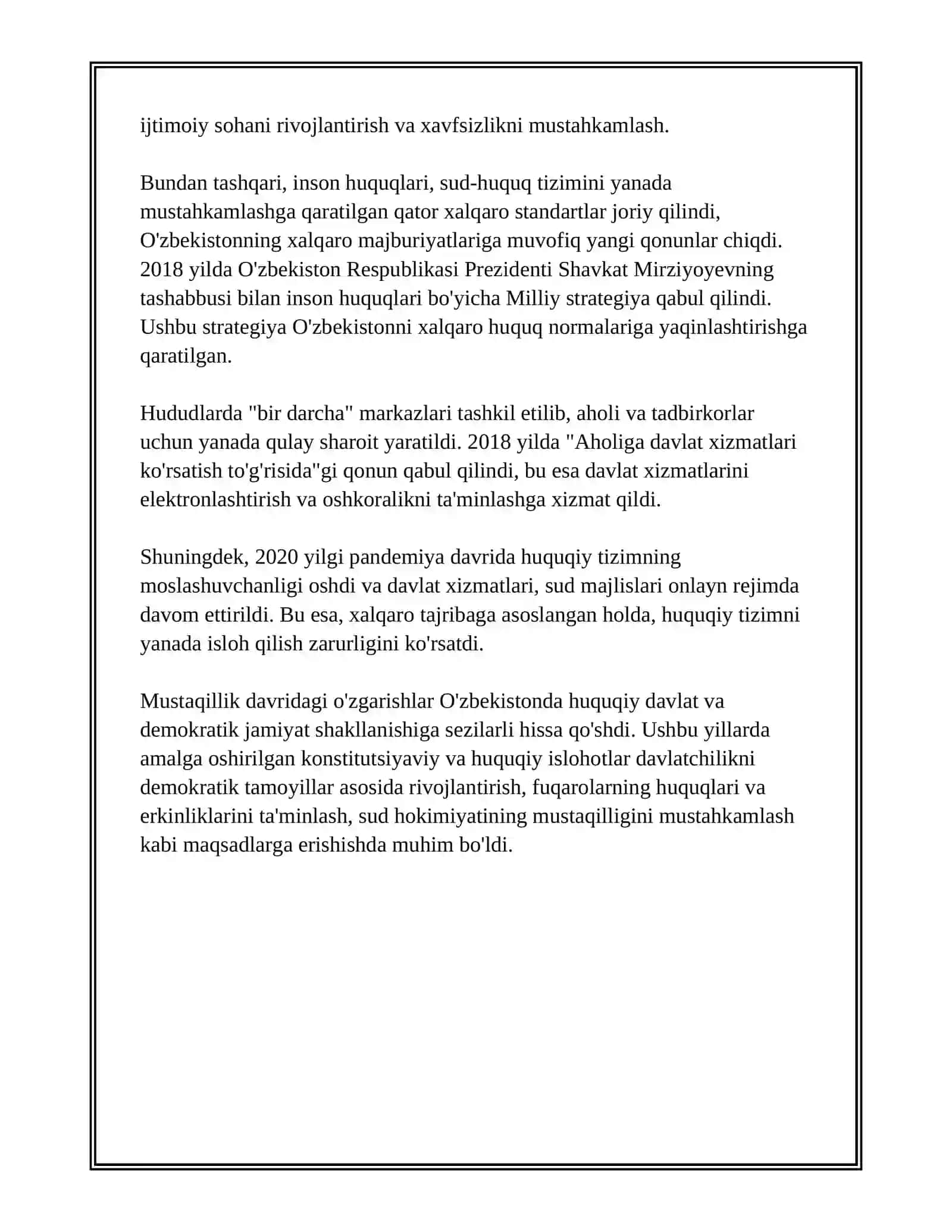 O'ZBEKISTONDA MUSTAQILLIK YILLARIDA DAVLAT BOSHQARUVI VA IJTIMOIY SOHADA AMALGA OSHIRILAYOTGAN O'ZGARISHLAR MAZMUN VA MOHIYATI 4