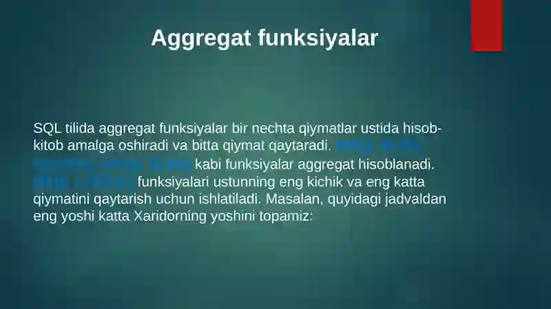 SQLda jarayonlar va standart funksiyalar 4