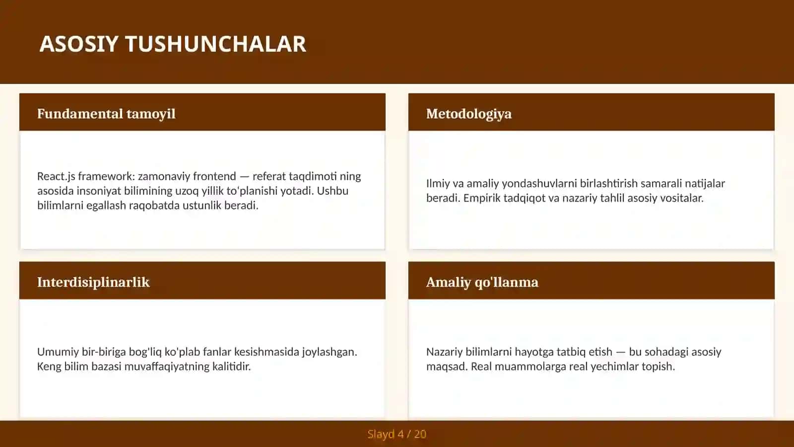 REACT.JS FRAMEWORK: ZAMONAVIY FRONTEND — REFERAT TAQDIMOTI 4