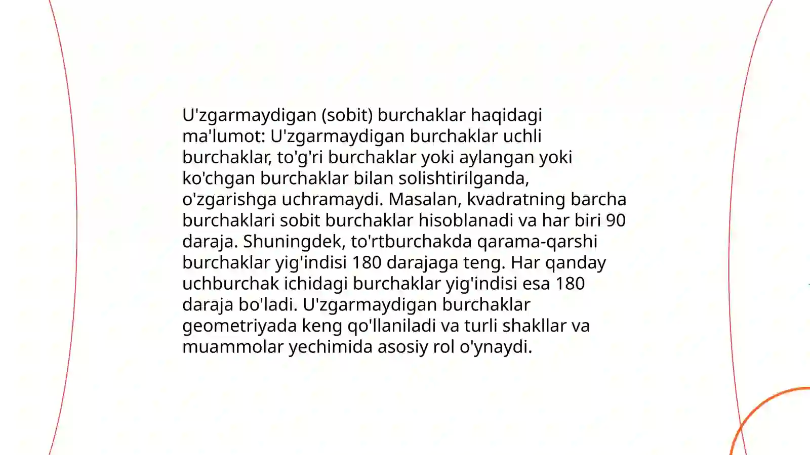 BURCHAK O'LCHOVLARI turlarini o'rganish va har bir o'lchov turining qo'llanilishi sohasini aniqlash o'lchovlari bo'yicha taklif berish 4
