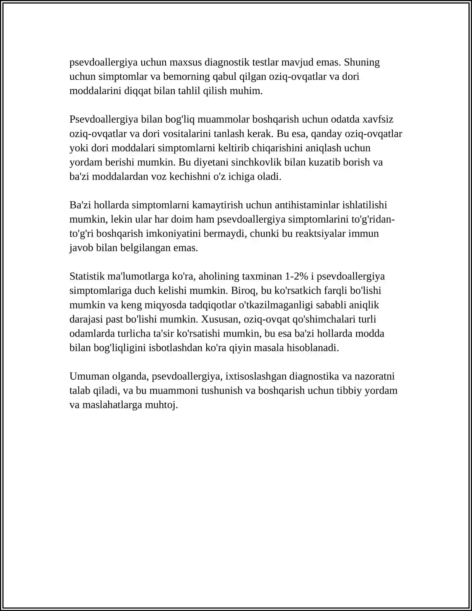 PSEVDOALLERGIYA. ATOPIK KASALLIKLAR HAQIDA TUSHUNCHA, DORI VA OZUQAVIY ALLERGIYA 4