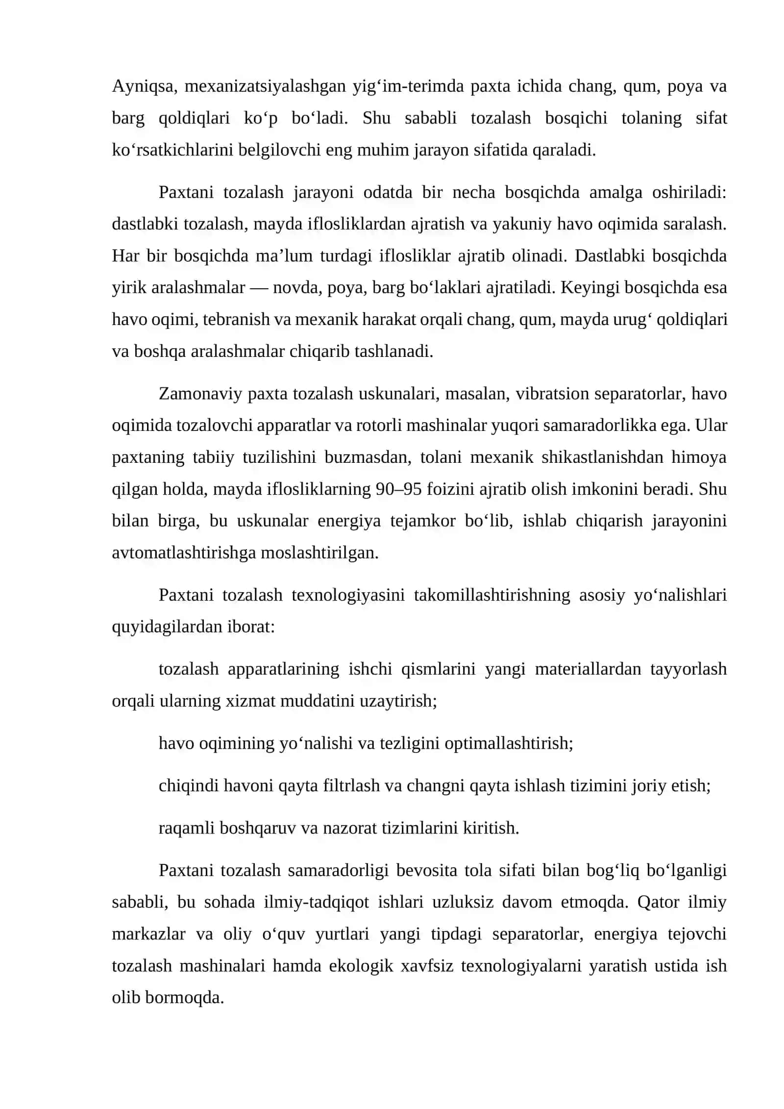 Paxtani mayda iflosliklardan tozalash 4