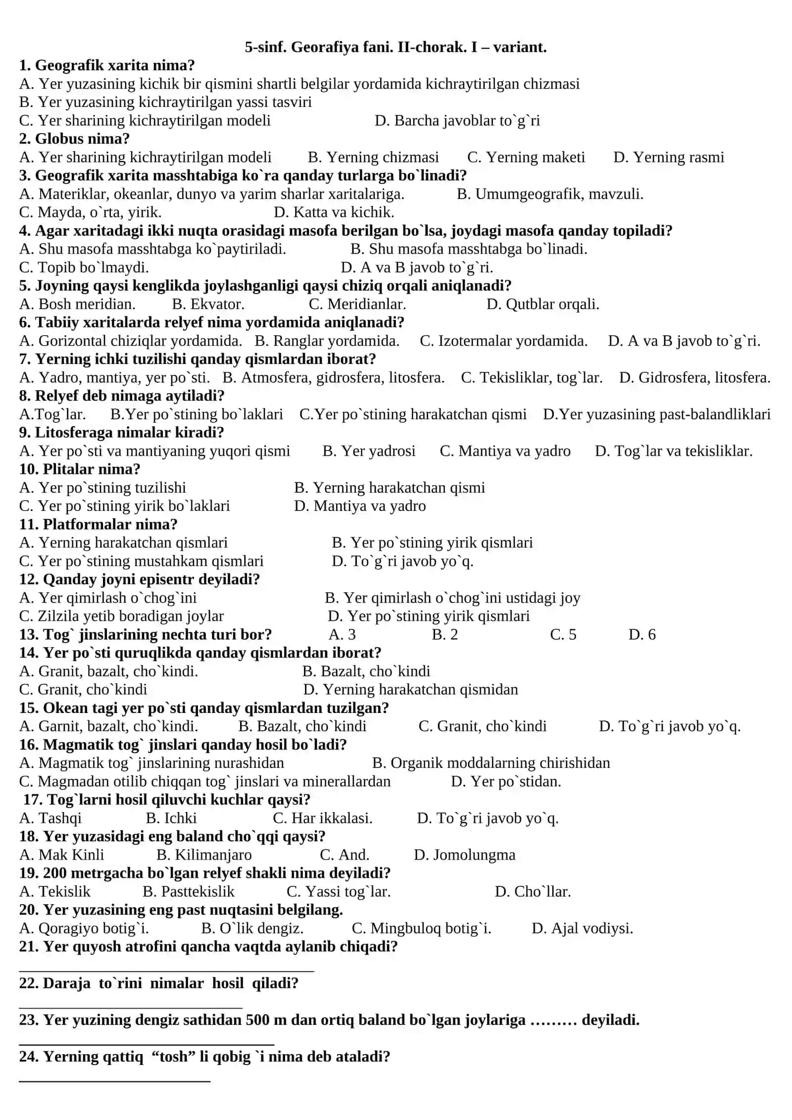 5-sinf geografiya test 4