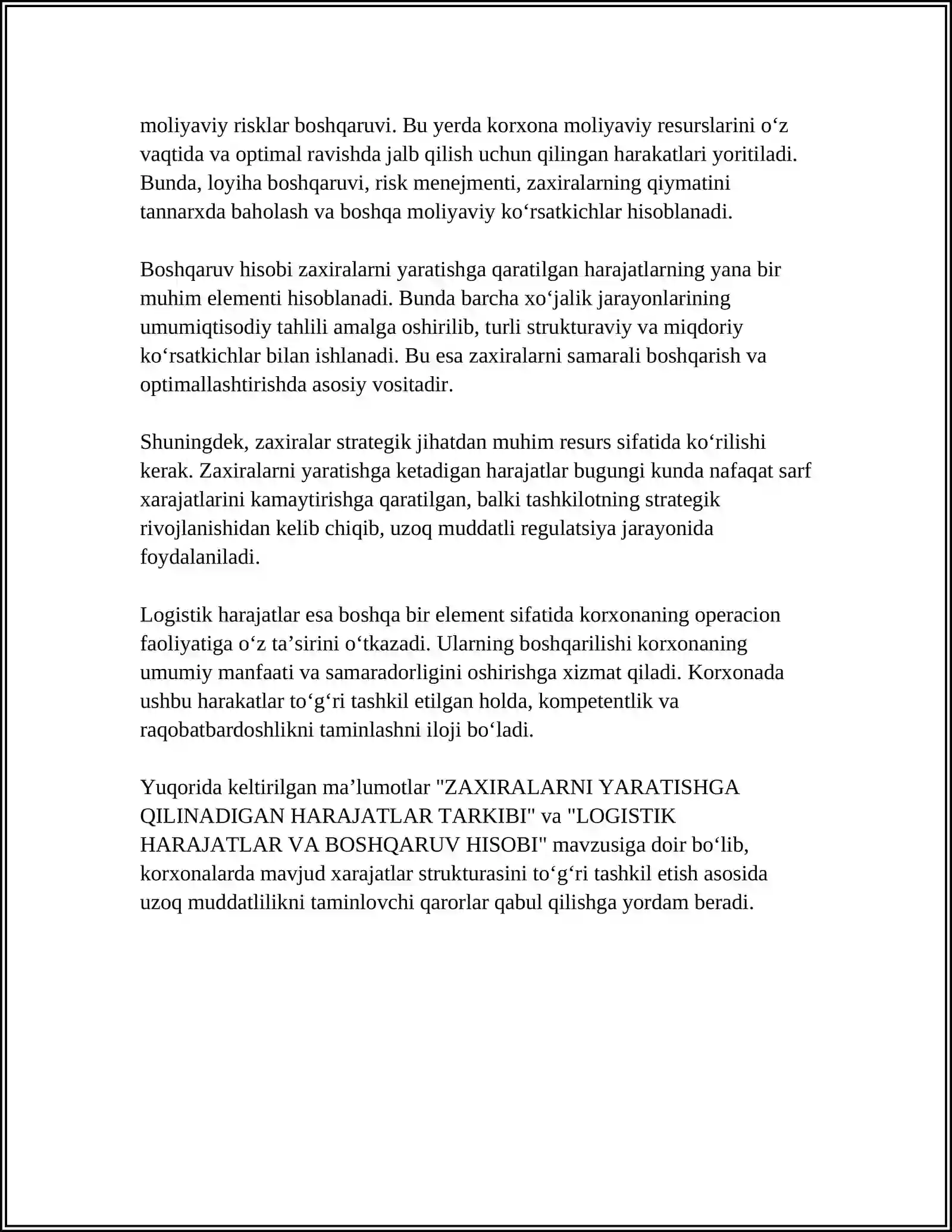 ZAXIRALARNI YARATISHGA QILINADIGAN HARAJATLAR TARKIBI. LOGISTIK HARAJATLAR VA BOSHQARUV HISOBI 4