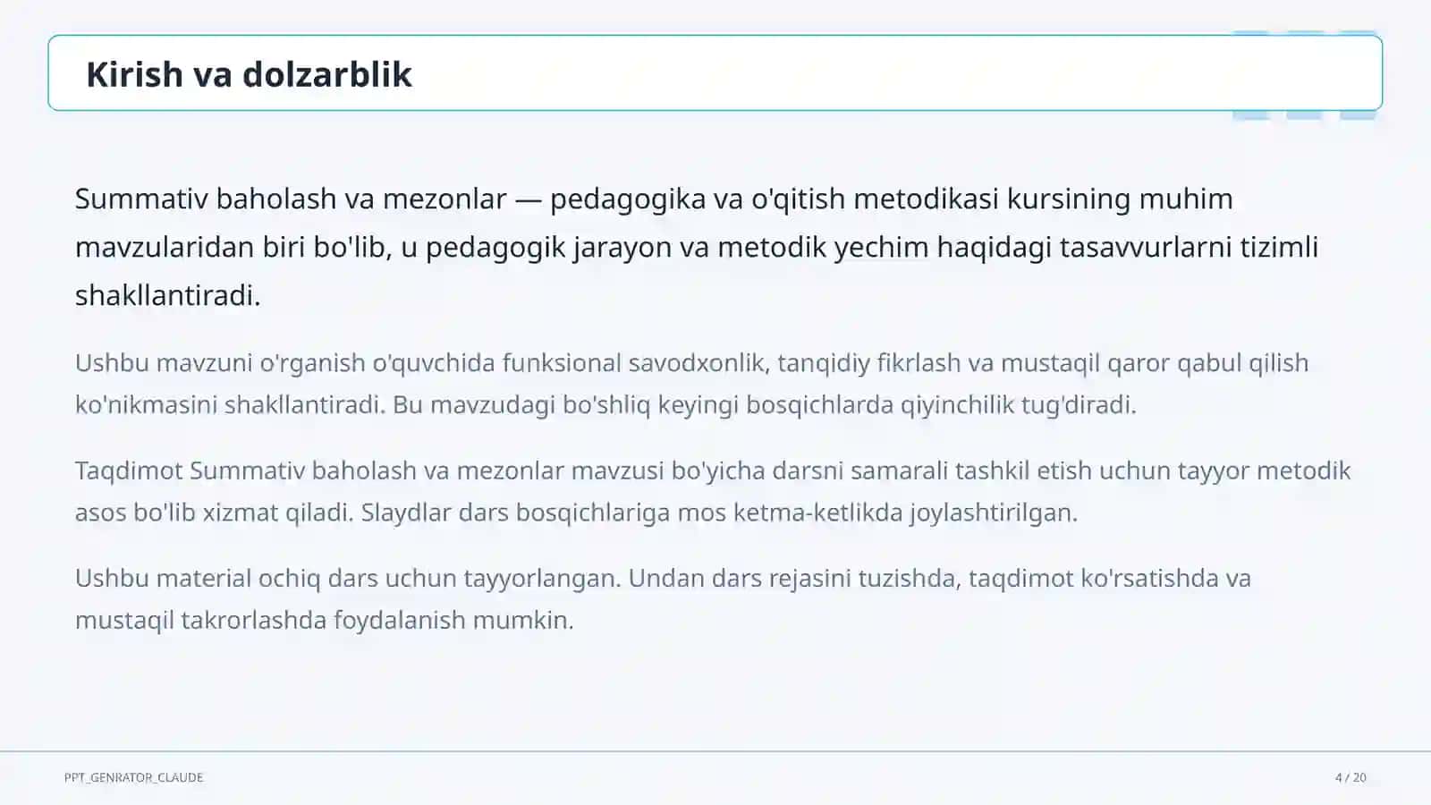 Summativ baholash va mezonlar 2