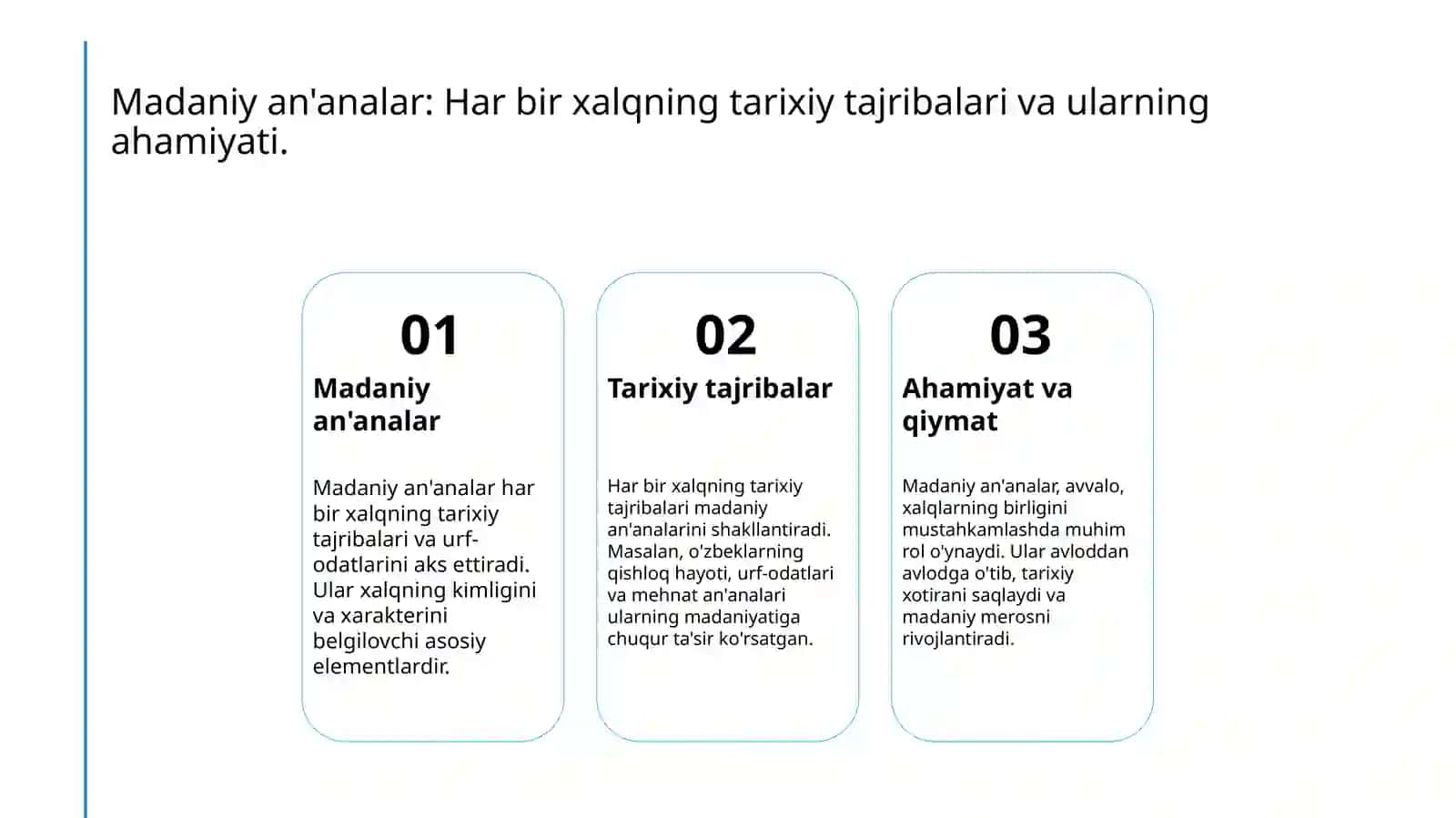 Turli millatlarning urf odatlari va an'analari mavzusida ijodiy matn tuzish. Turli millat qadriyatlarini Konseptual jadval asosida qiyoslash 4
