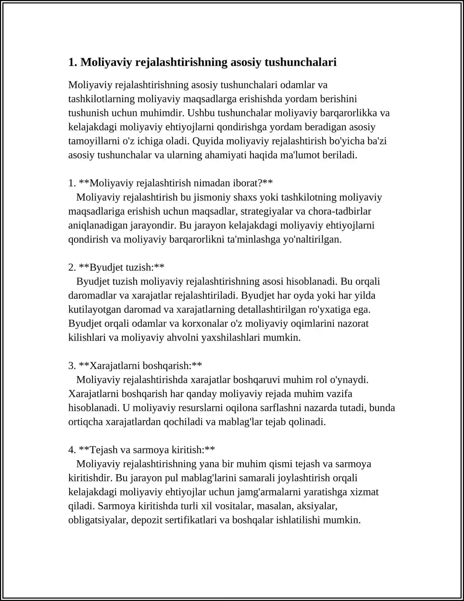 MAVZU: MOLIYAVIY REJALASHTIRISHNING MOHIYATI VA TAMOYILLAR, IQTISODIYOTDAGI RIVOJLANTIRISHDAGI ROLI 4