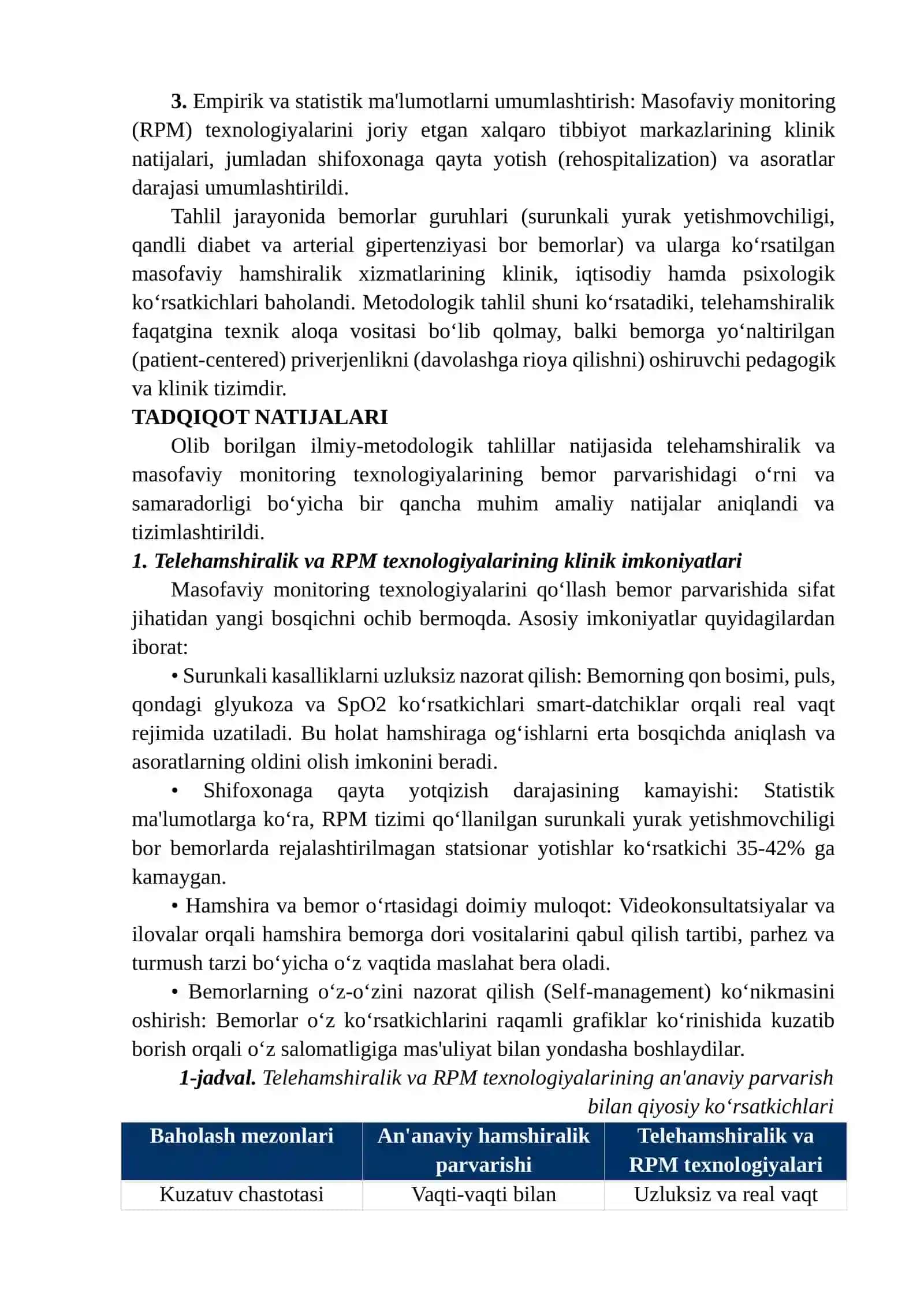TELEHAMSHIRALIK VA MASOFAVIY MONITORING TEXNOLOGIYALARINING BEMOR PARVARISHIDAGI IMKONIYATLARI VA CHEKLOVLARI 4