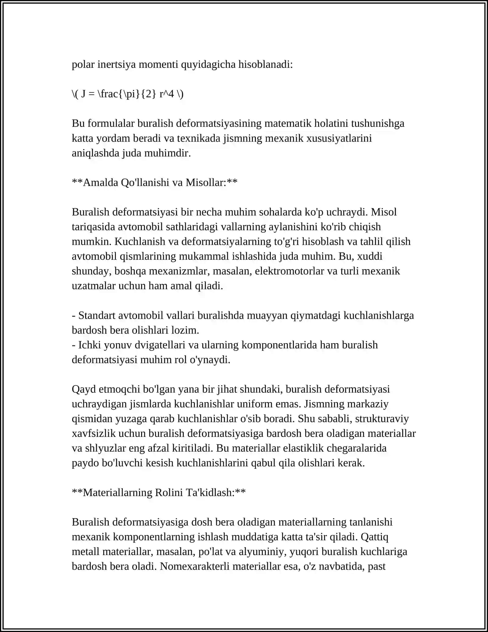BURALISH DEFORMATSIYASI. BUROVCHI MOMENTNI HISOBLASH VA EPYURASINI QURISH 4