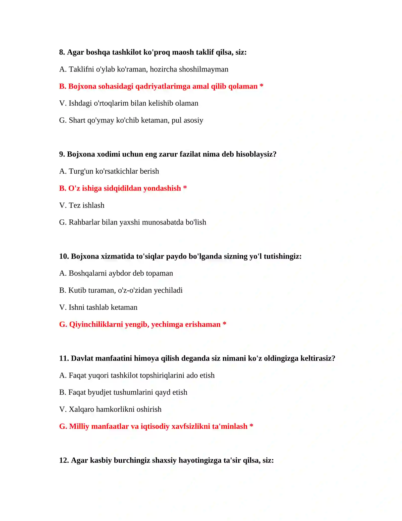 Bojxona ishga kirish suhbat testlari 4
