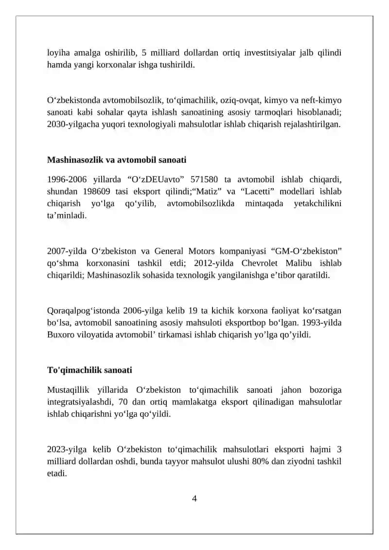 Mustaqillik yillarida sanoat tarmoqlarining rivojlanishi 4