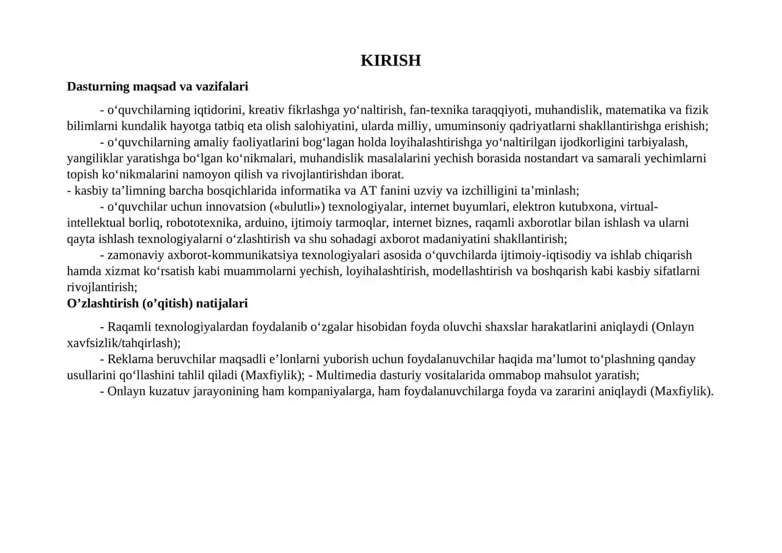 Informatika 2026 Ishchi dastur(Texnikumlar uchun) 4