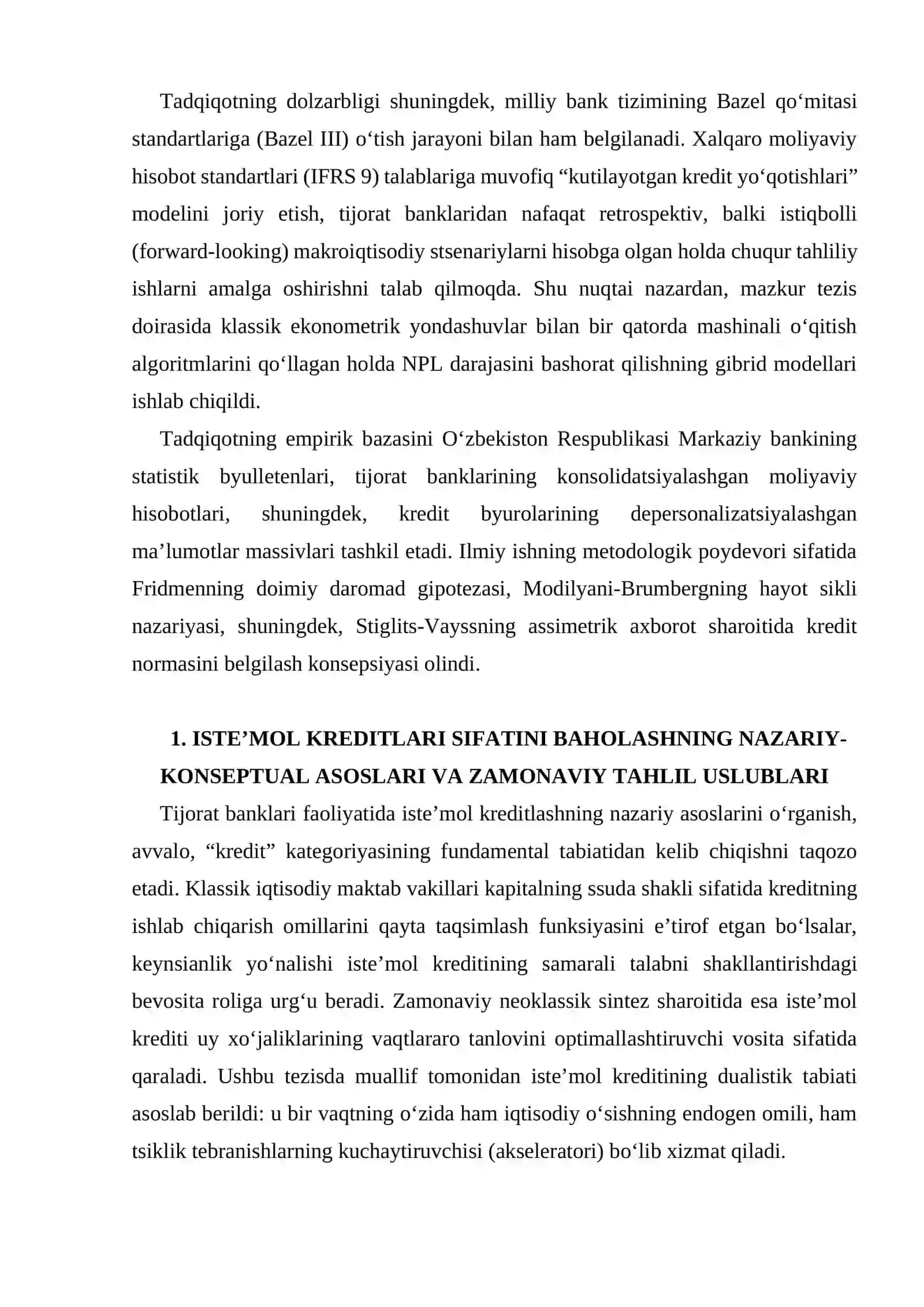 Tijorat banklarida iste’mol kreditlari tahlili: metodologik yondashuvlar va amaliyotda risklarni boshqarishning institutsional asoslari 4