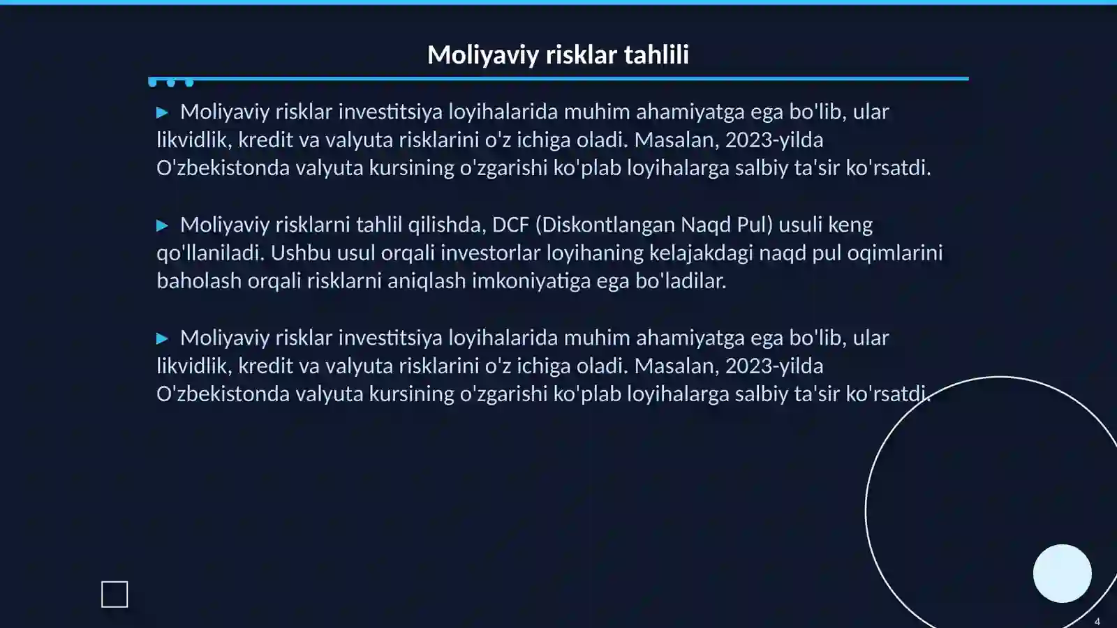 Investitsiya loyihalarini moliyalashtirishda risklarni baholash va boshqarish 4