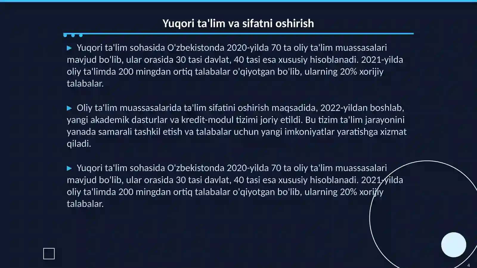Oʻzbekiston Respublikasida ta'lim sohasida amalga oshirilgn islohotlar 4