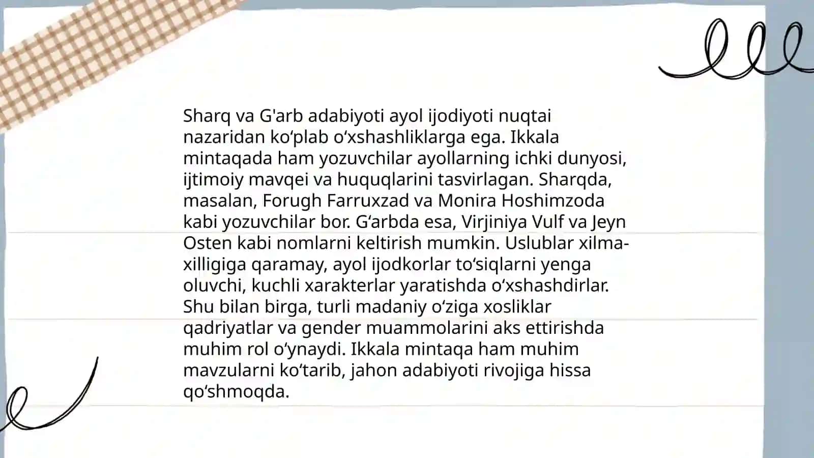 Sharq va G'arb ayol ijodkorlarining farqli va o'xshash jihatlari 4