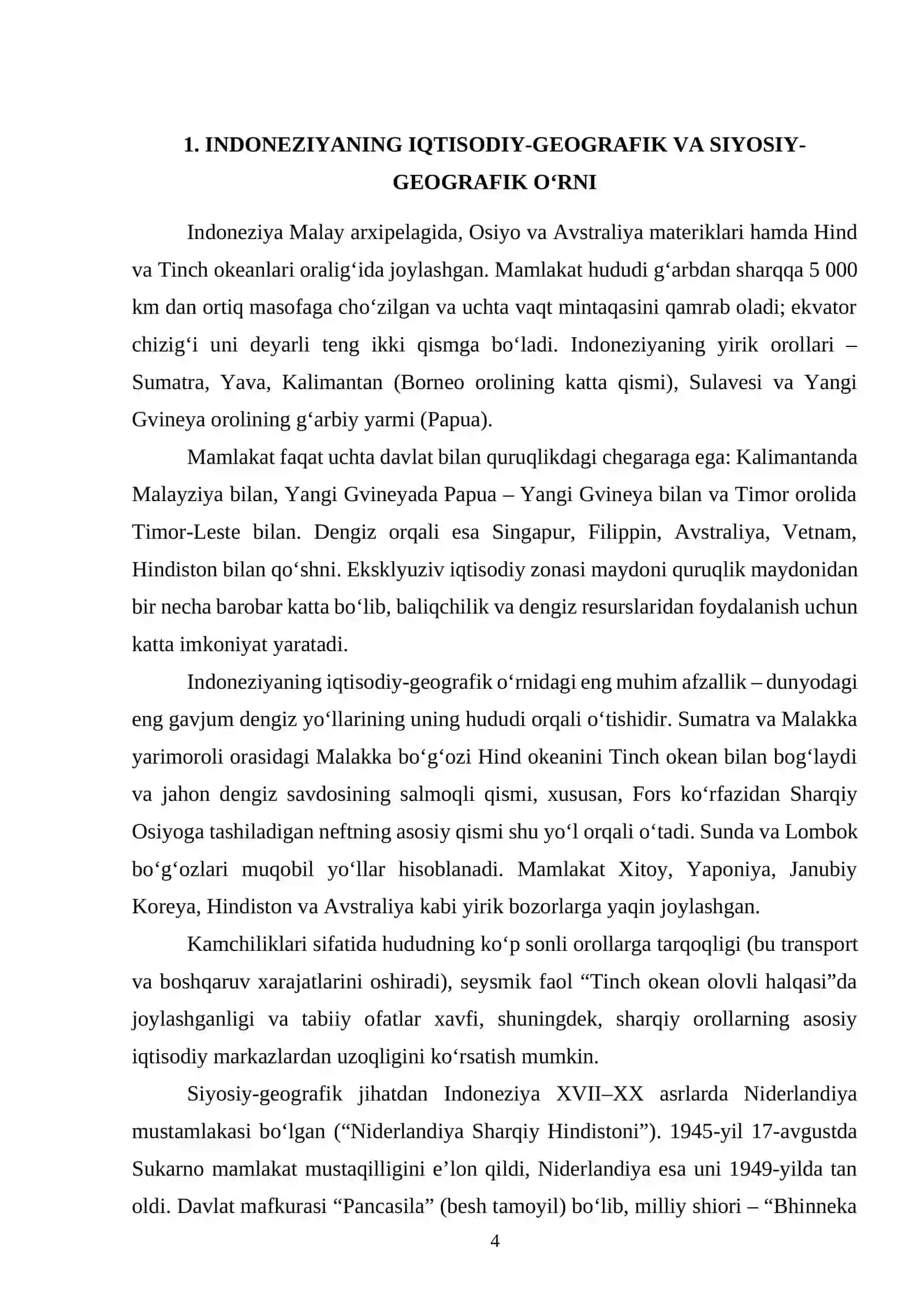 indoneziya iqtisodiy geografik oʻrni tabiiy resurslari aholisi va xoʻjaligi 4